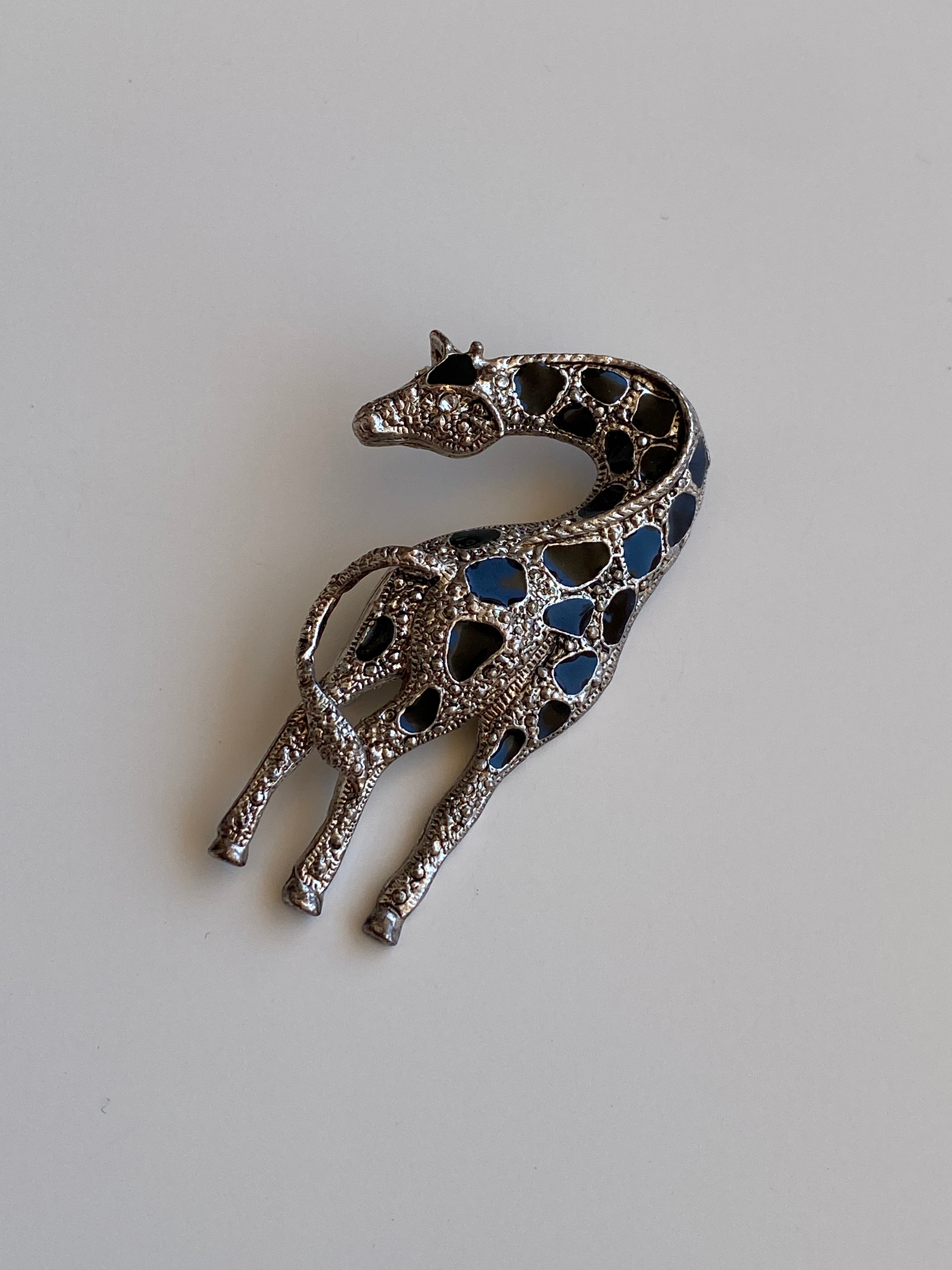 Vintage Silver-Tone Black Enamel & Rhinestone Giraffe Brooch