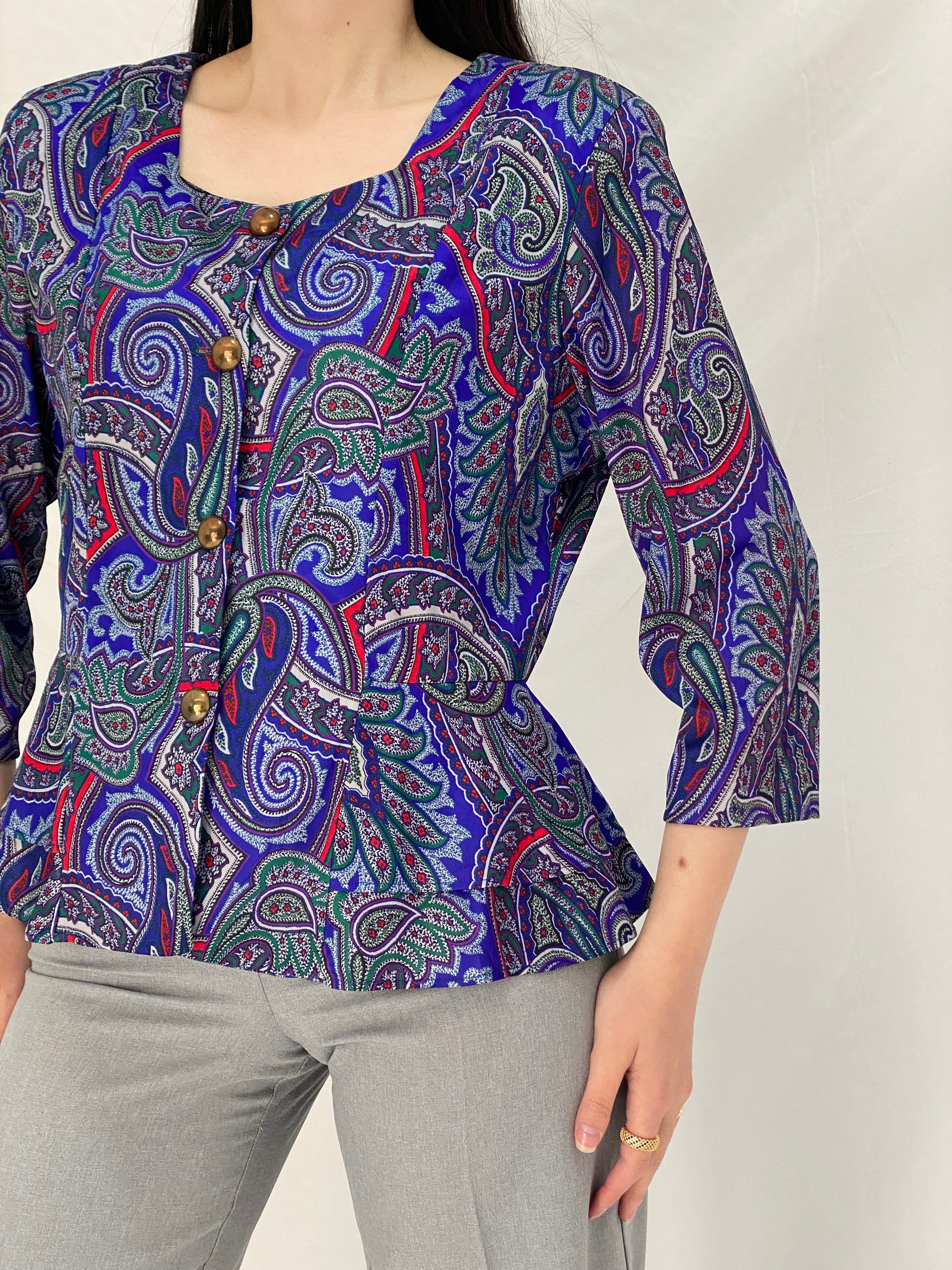 Vintage Amanda Blair Paisley Navy Peplum Satin Blouse Jewel Tone Print with Gold Buttons - L