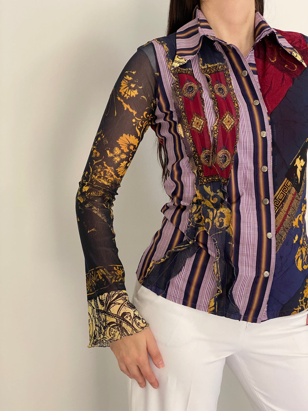 Y2K Save The Queen! Multicolor Whimsical Baroque Sheer Shirt – M