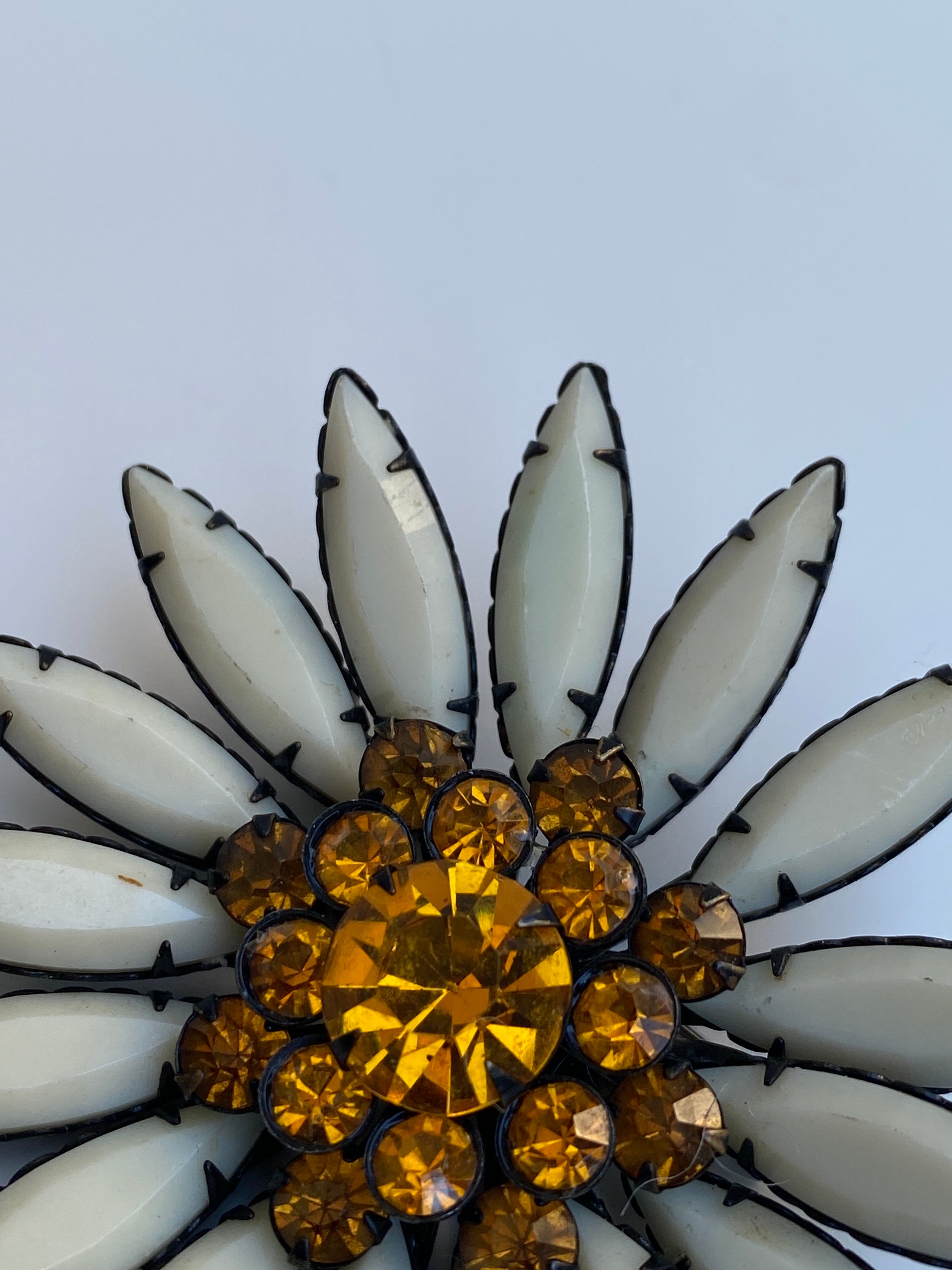 Vintage Mid-Century White Milk Glass & Amber Rhinestone Flower Brooch Floral Statement Pin