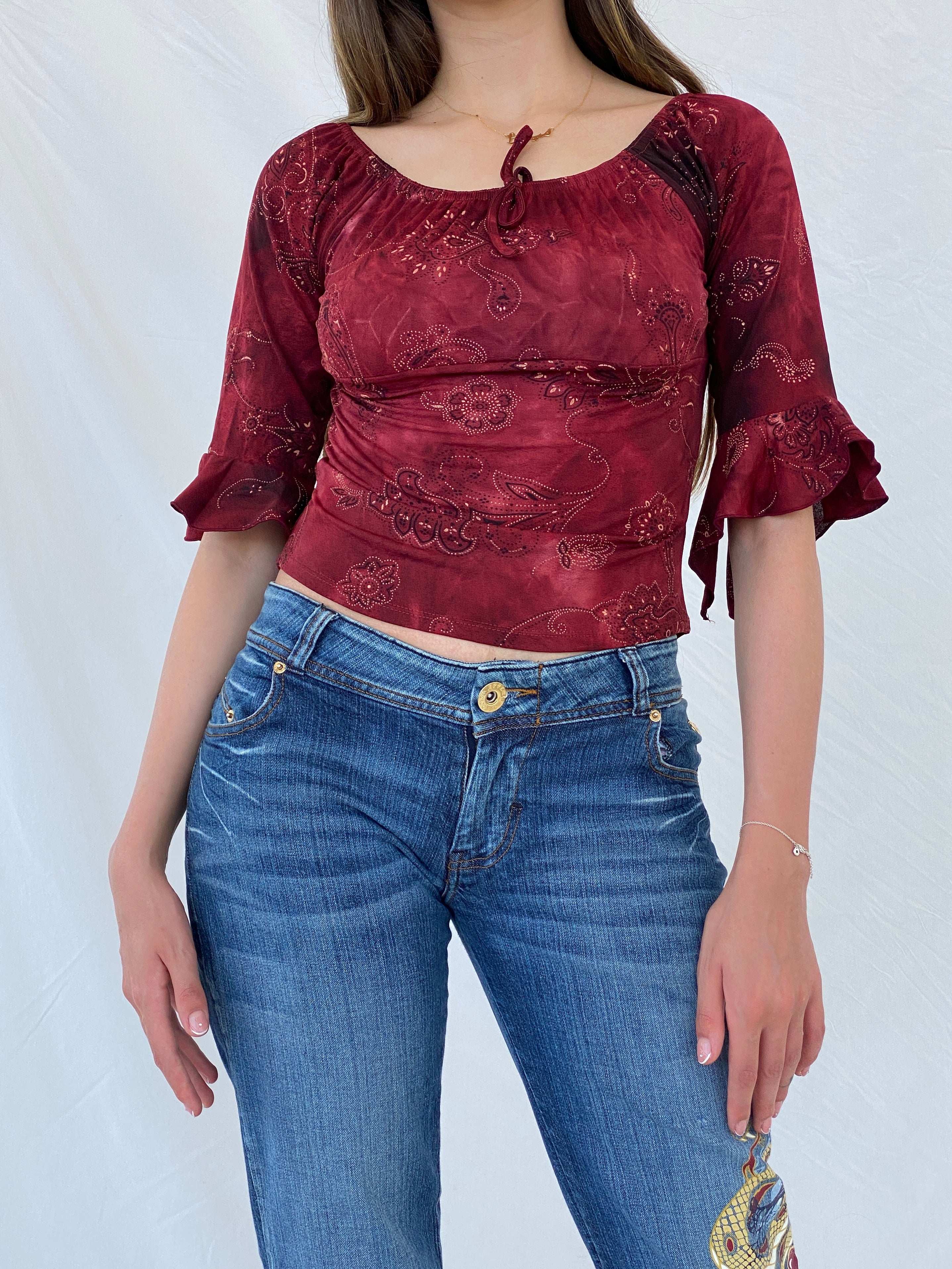 Vintage Floral Glittery Maroon Boho Top - S - Balagan Vintage Full Sleeve Top 90s, floral, floral top, full sleeve top, Mira, NEW IN