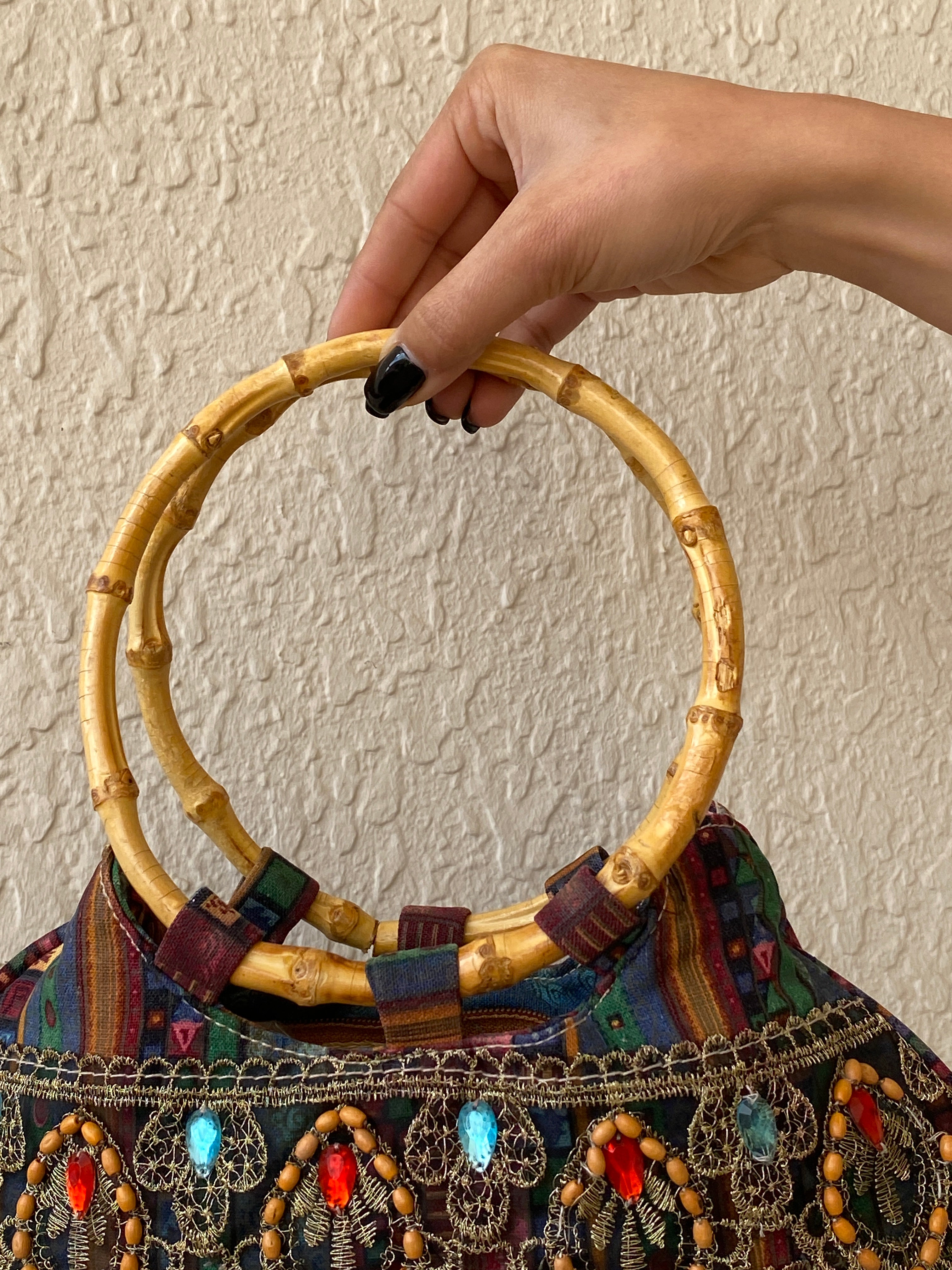 Vintage Boho Embellished Mini Handbag with Bamboo Ring Handles