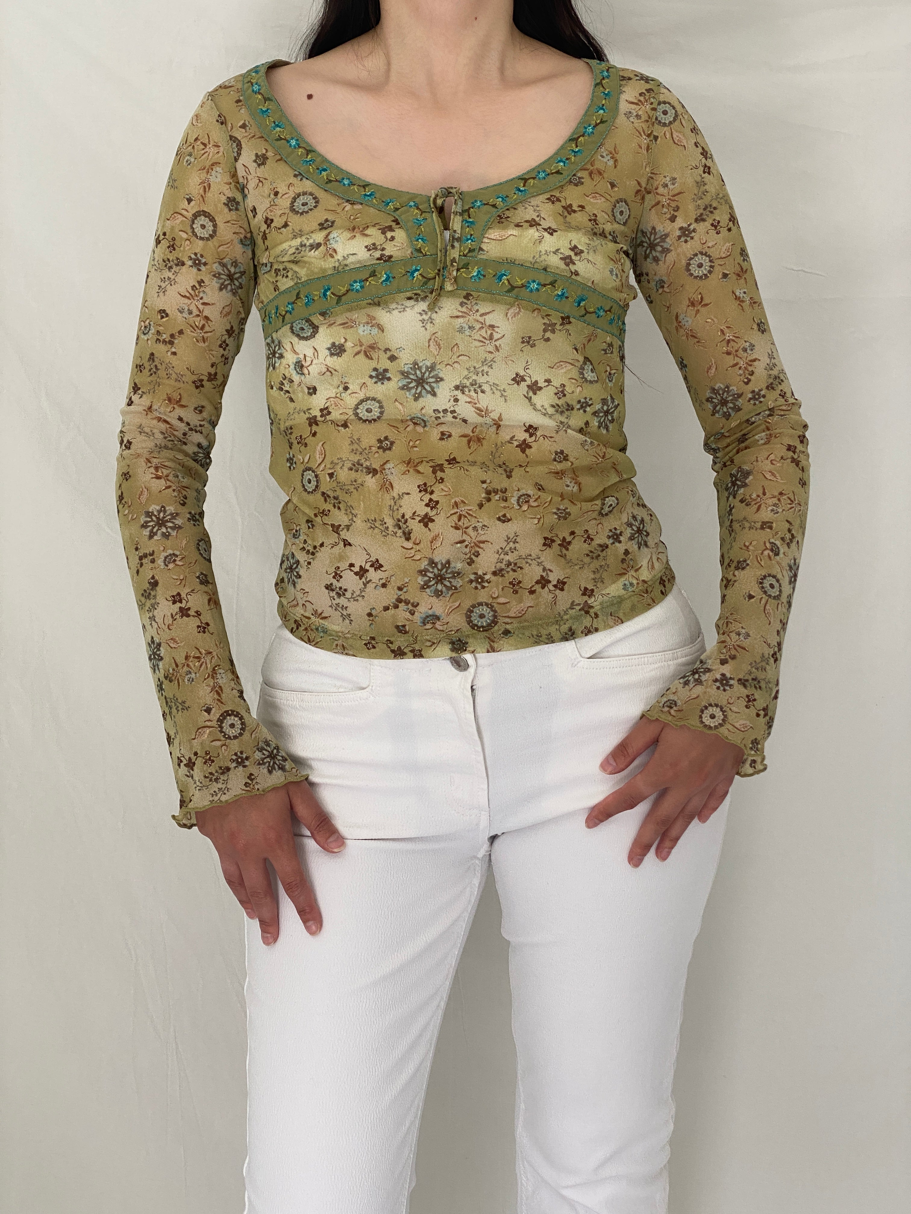 Y2K Bershka Mesh Sage Green Fairy Grunge Floral Long Sleeve Top – M