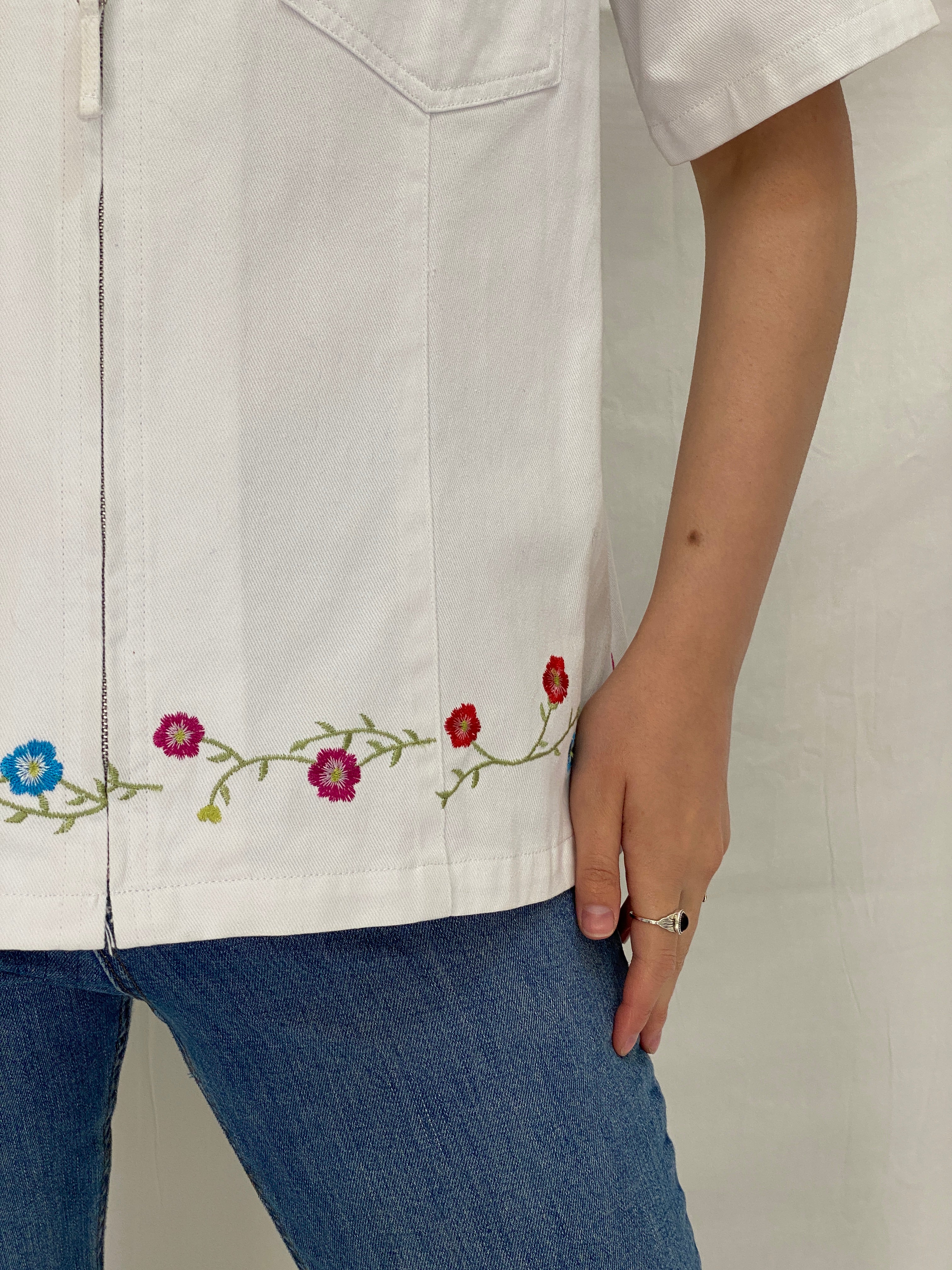Vintage Denim & Co White Cotton Floral Embroidered Zip Shirt Jacket - L