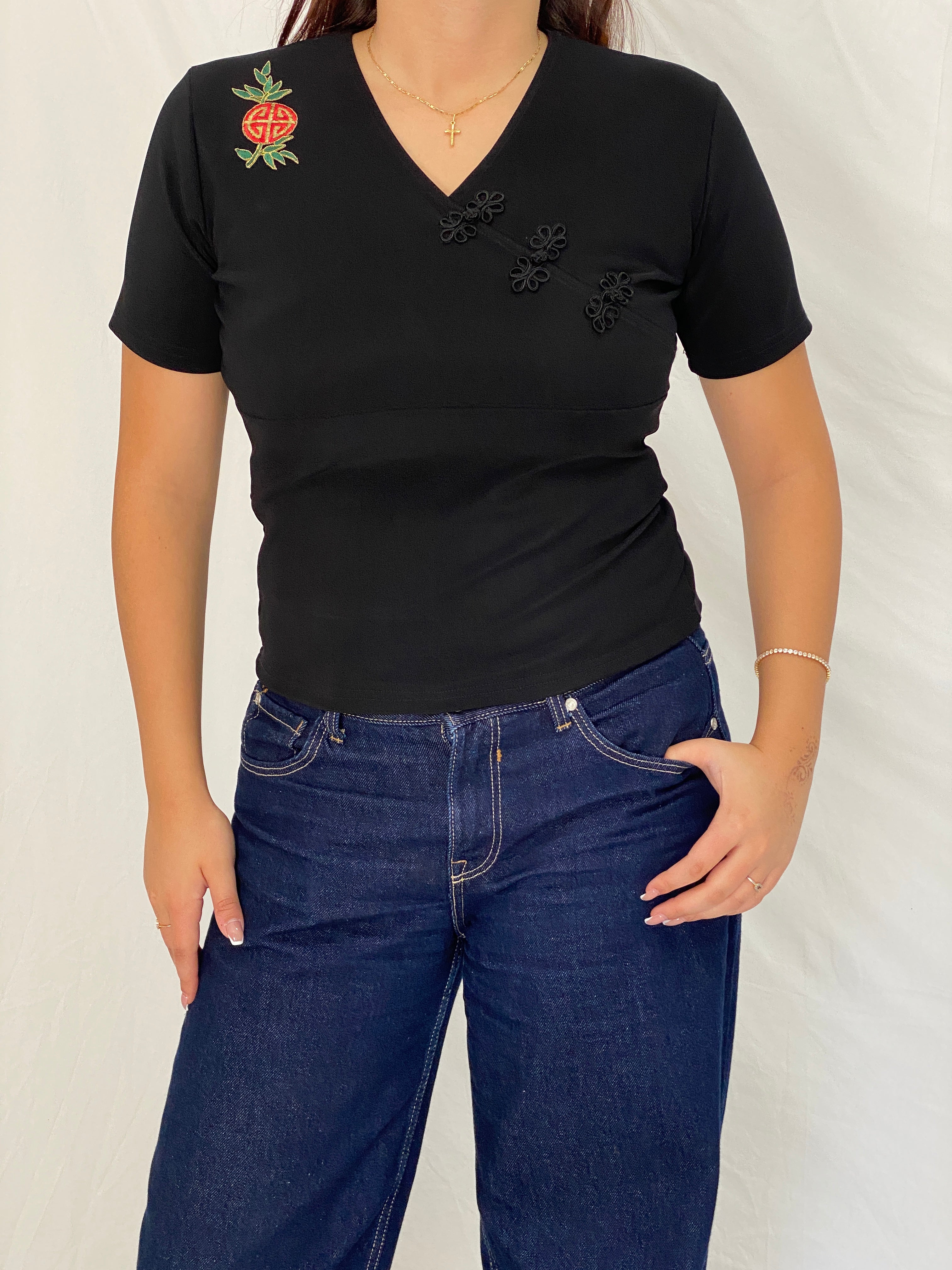 Vintage Y2K Western Connection Black Mandarin-Inspired Embroidered Stretch Top - L