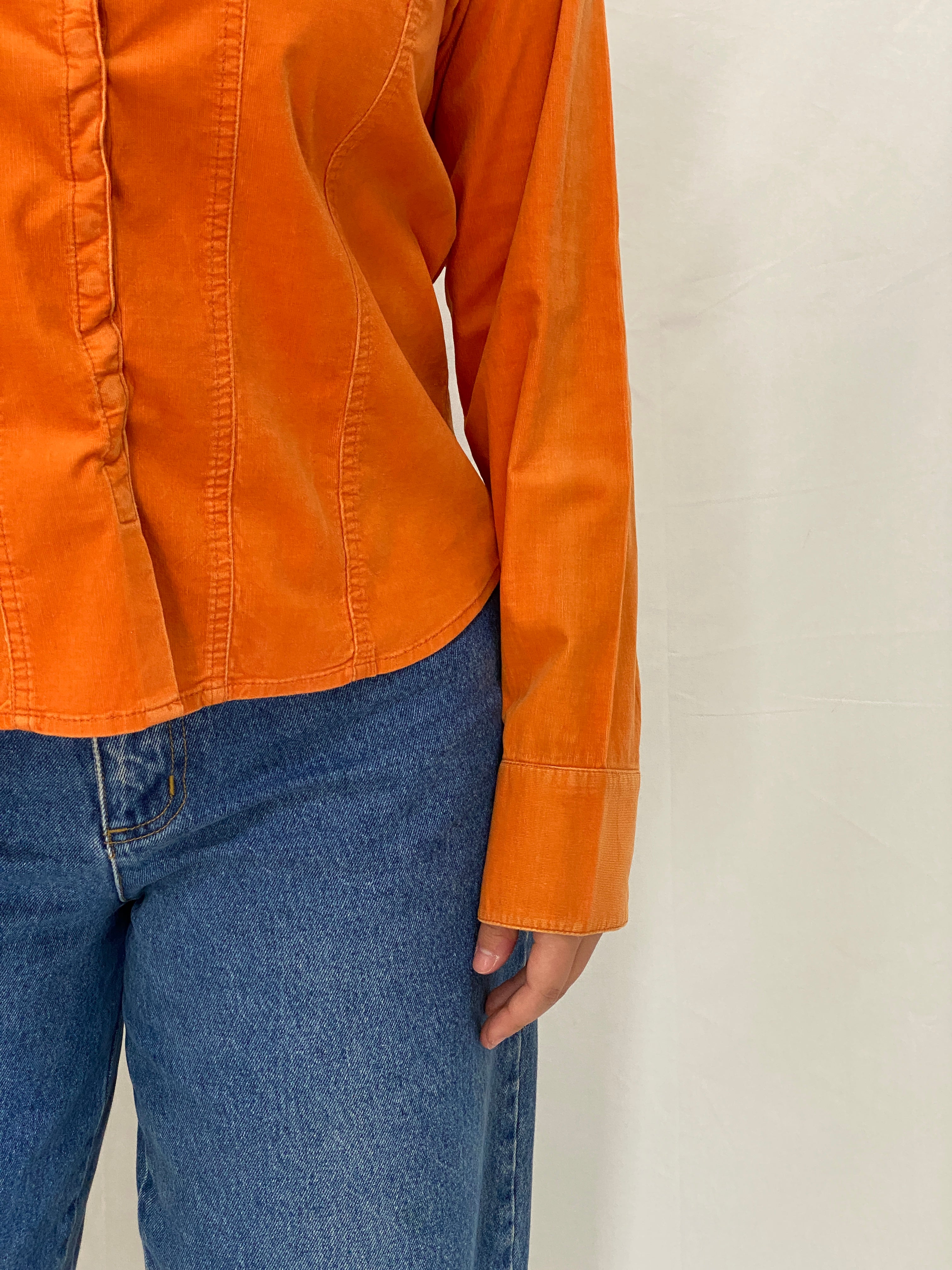Y2K Liz Claiborne Orange Corduroy Lightweight Full Sleeve Shirt - M
