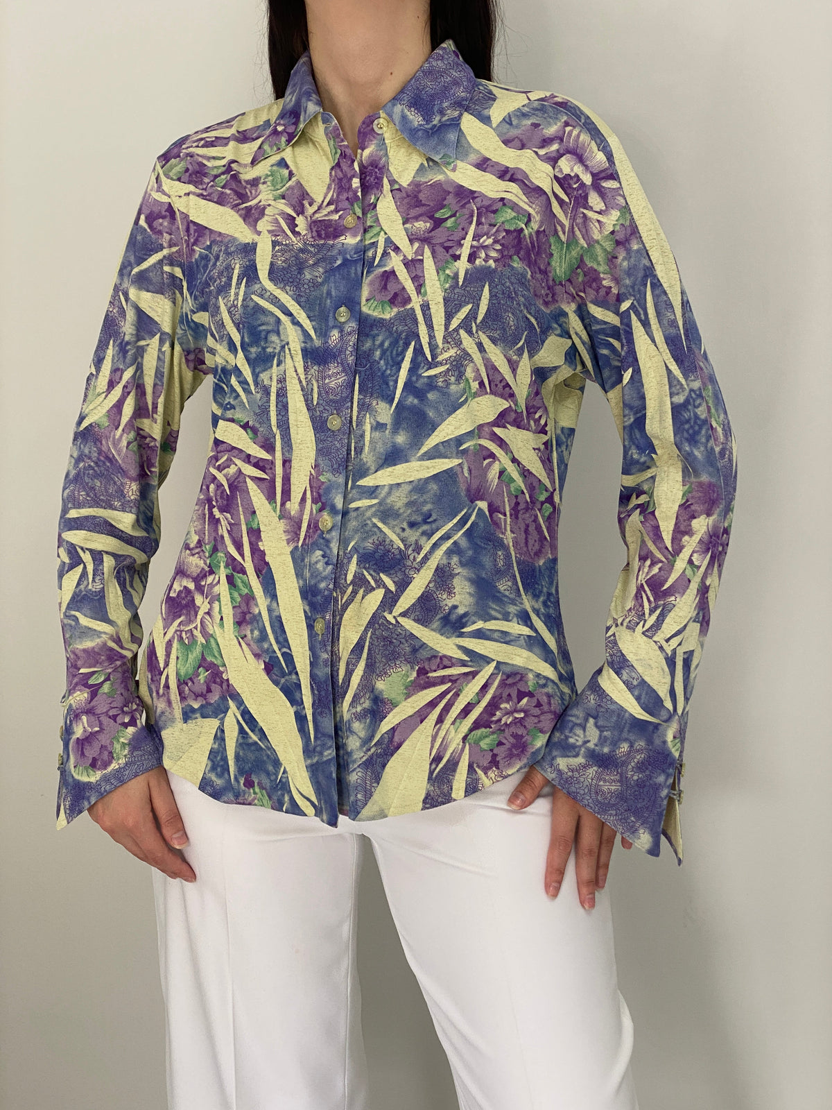 Vintage Hong Mei Purple Blue Floral Botanical Print Shirt – M