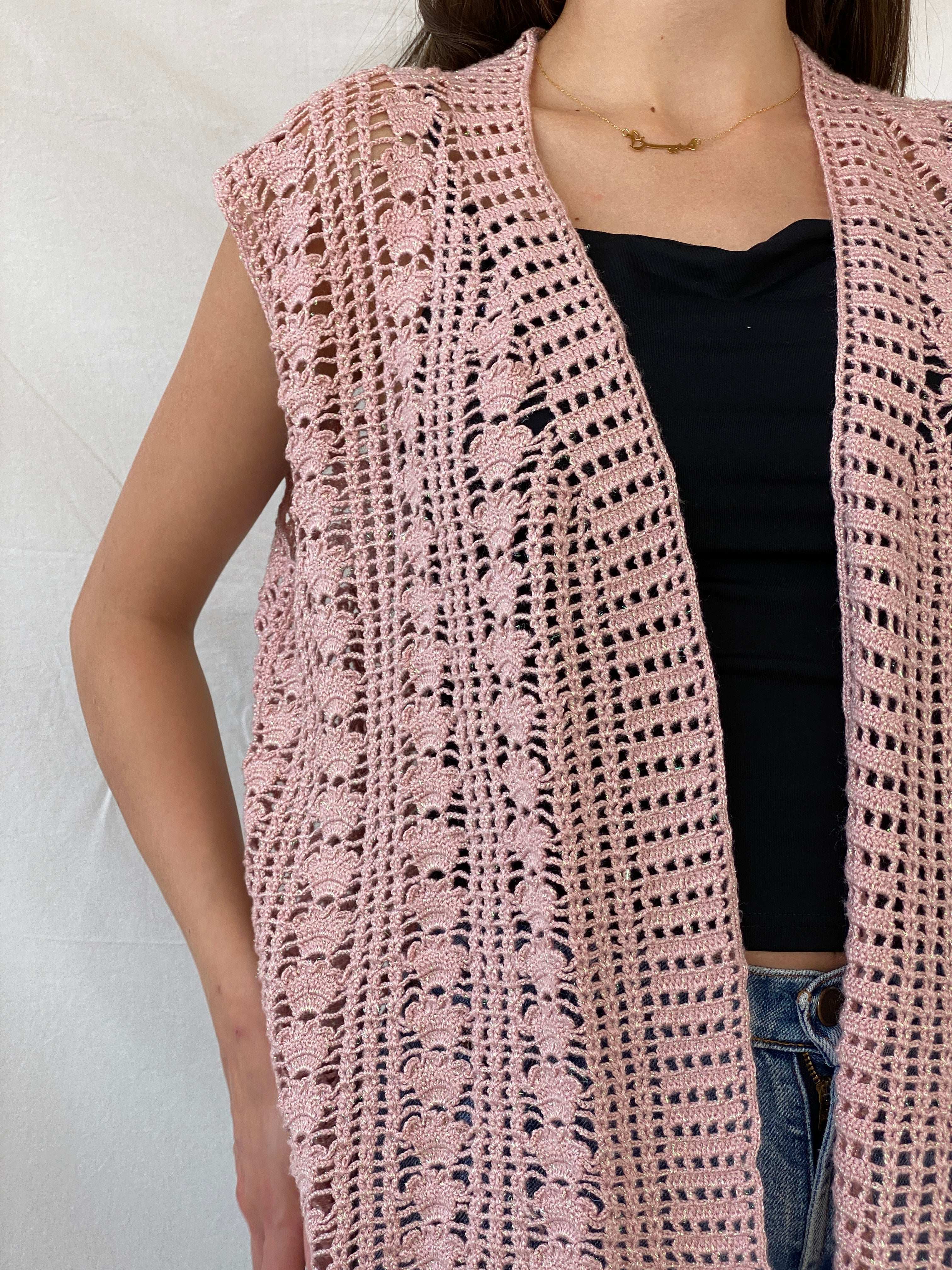 Vintage Handmade Shimmery Pink Knitted Crochet Vest - XL