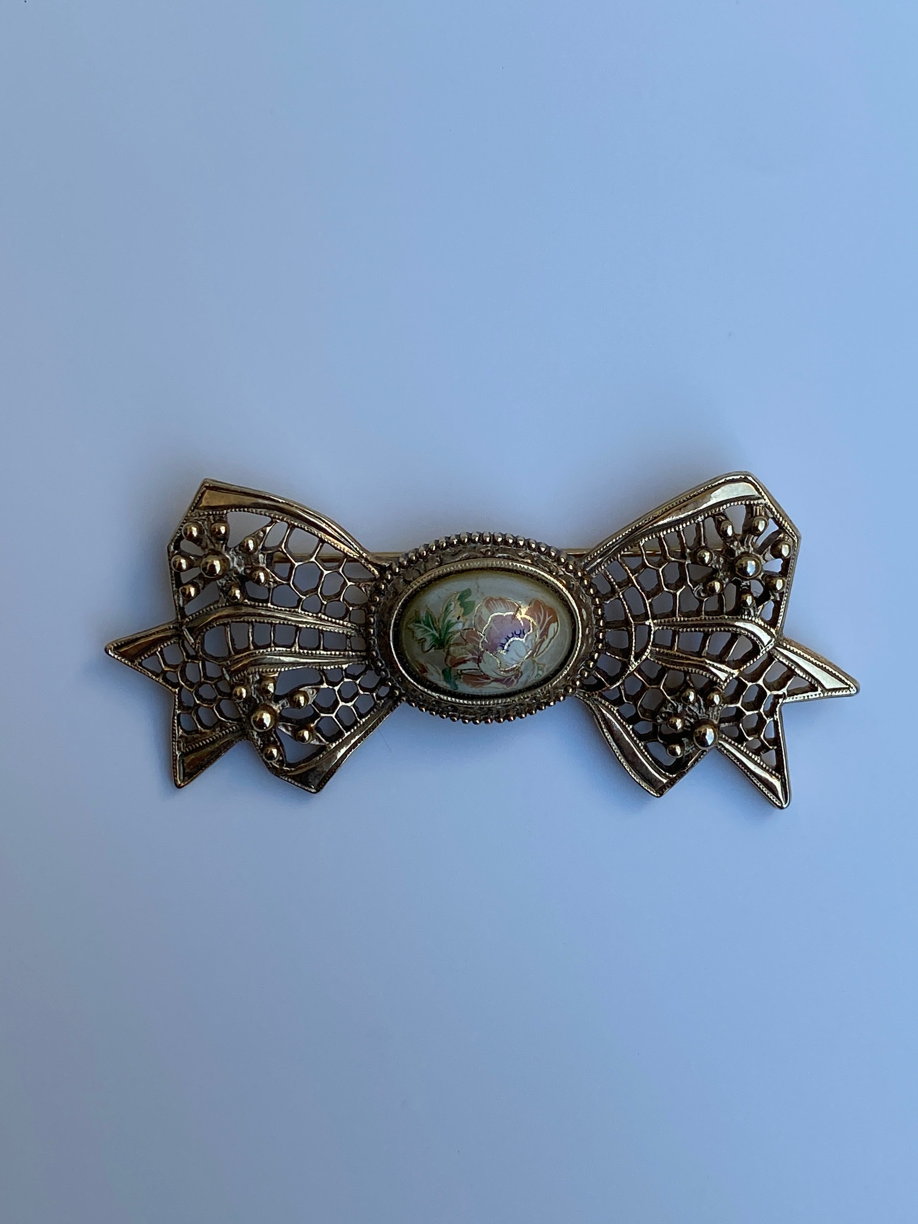 Vintage Victorian Revival Gold Tone Filigree Bow Brooch with Floral Cabochon