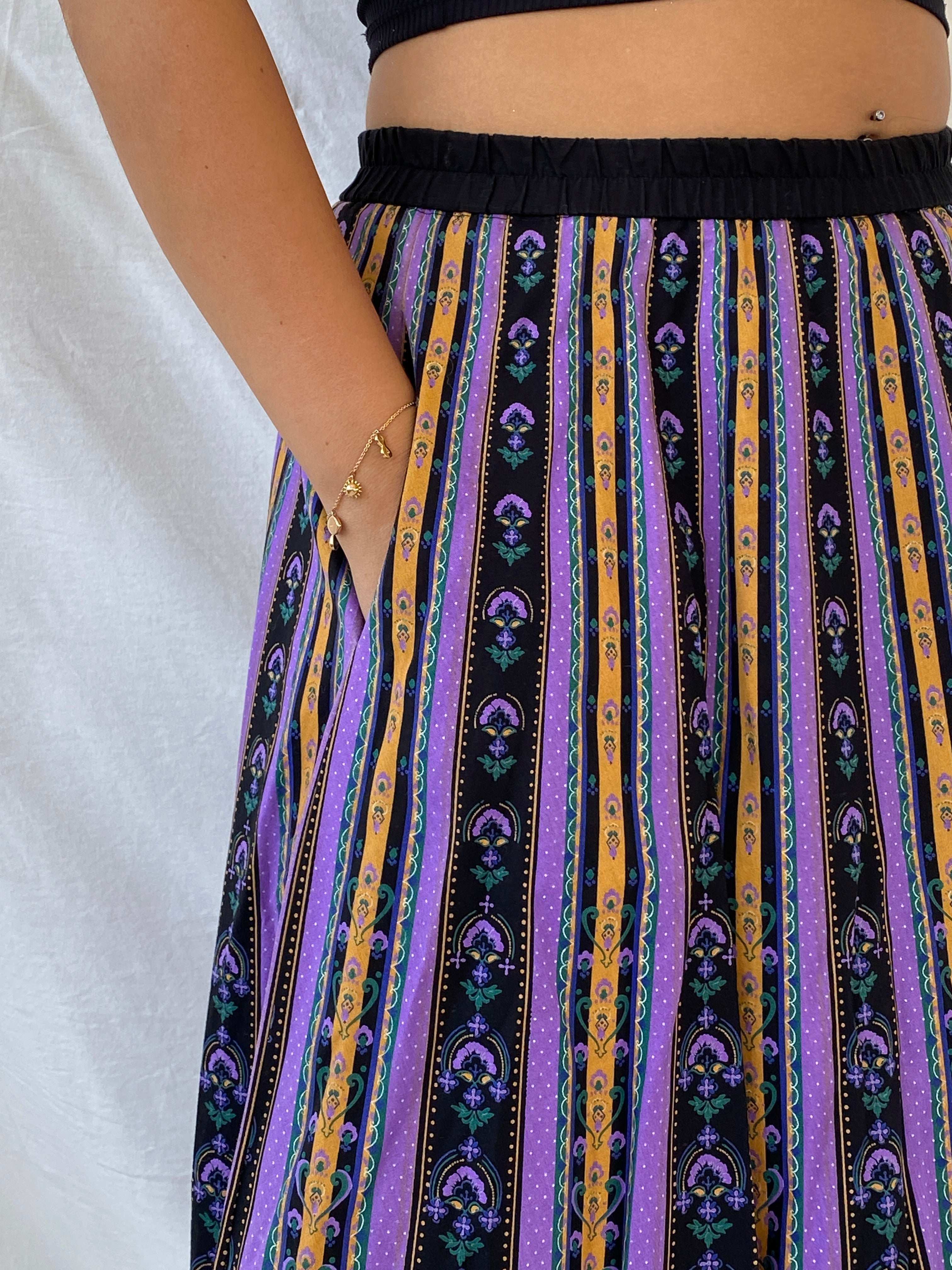 Vintage Angelika Moden Striped German-Folk Black and Purple Midi Cotton Skirt - L - Balagan Vintage Midi Skirt 00s, 90s, Dina, floral skirt, midi skirt, NEW IN, women skirt