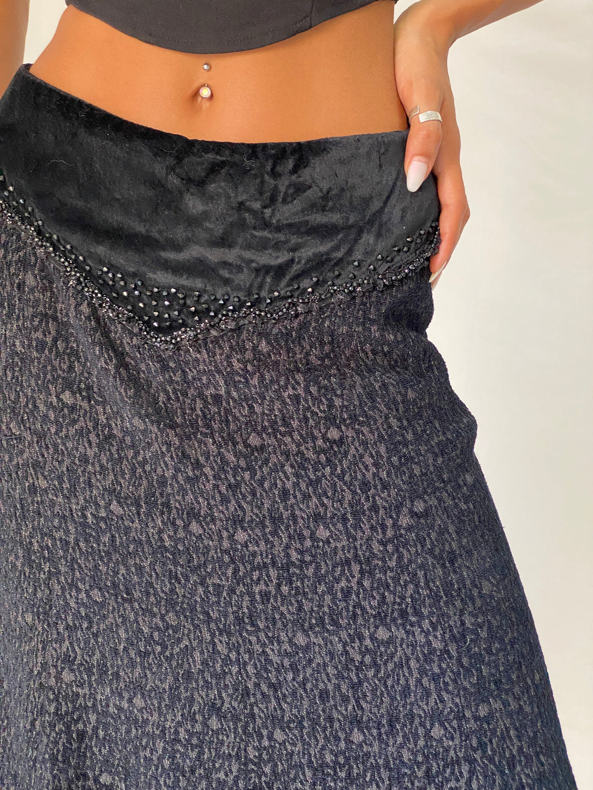 Vintage Whimsigoth Black Velvet Embellished Tulle Grunge Midi Skirt – M