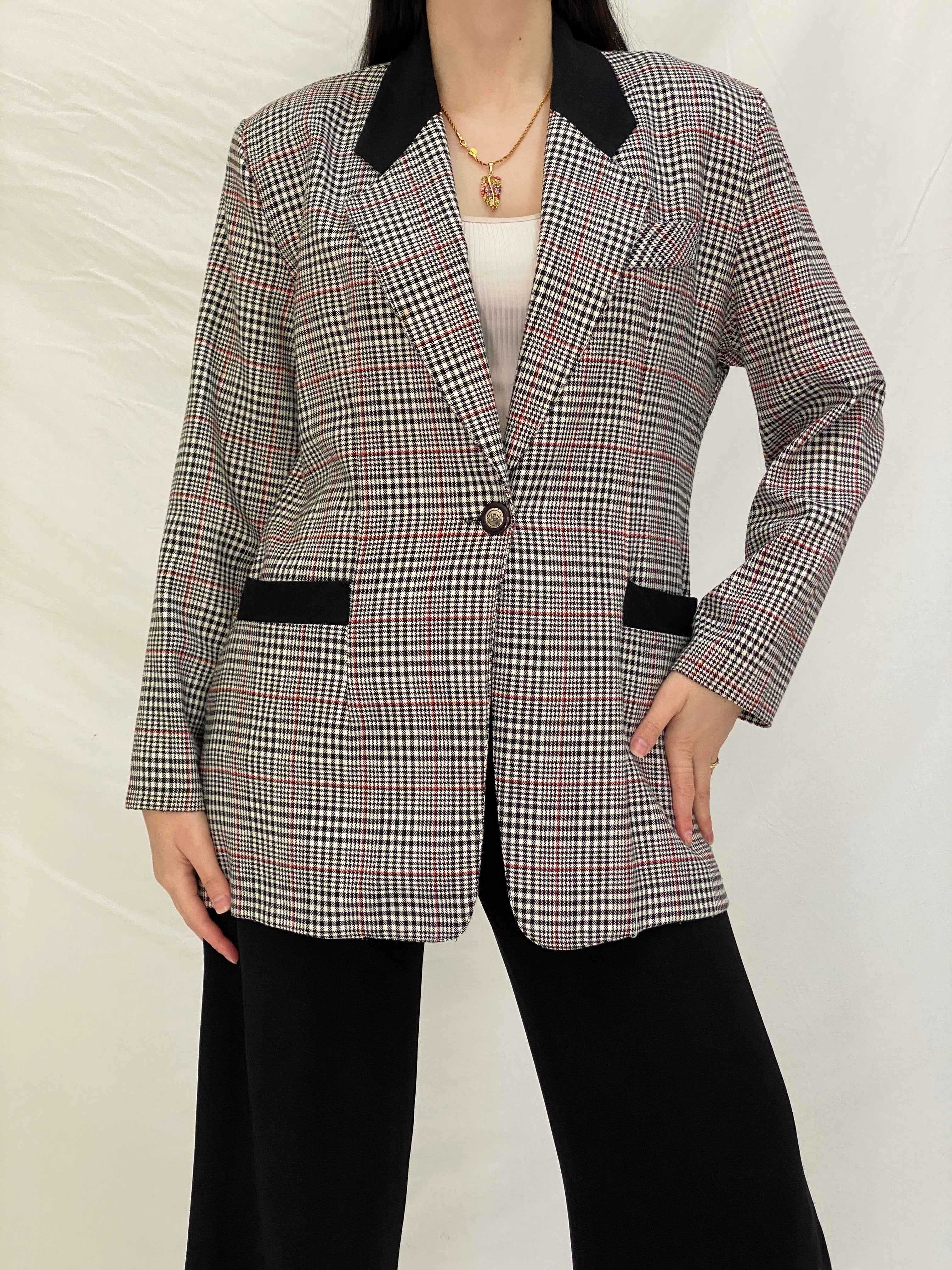 Vintage Always USA Plaid Blazer Black & White Check Structured Jacket - L