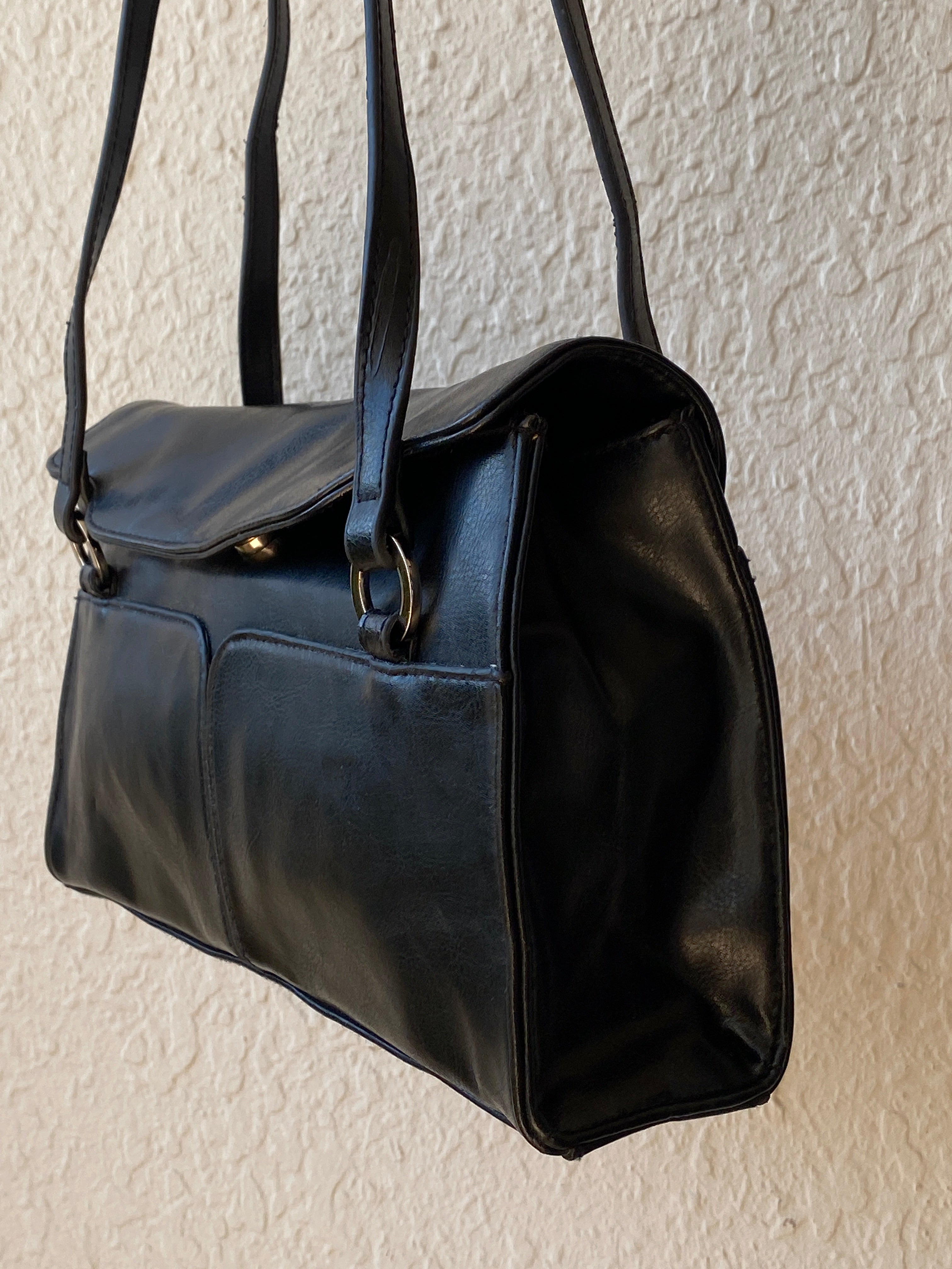 Vintage 90s Black Minimalist Double Pocket Shoulder Bag