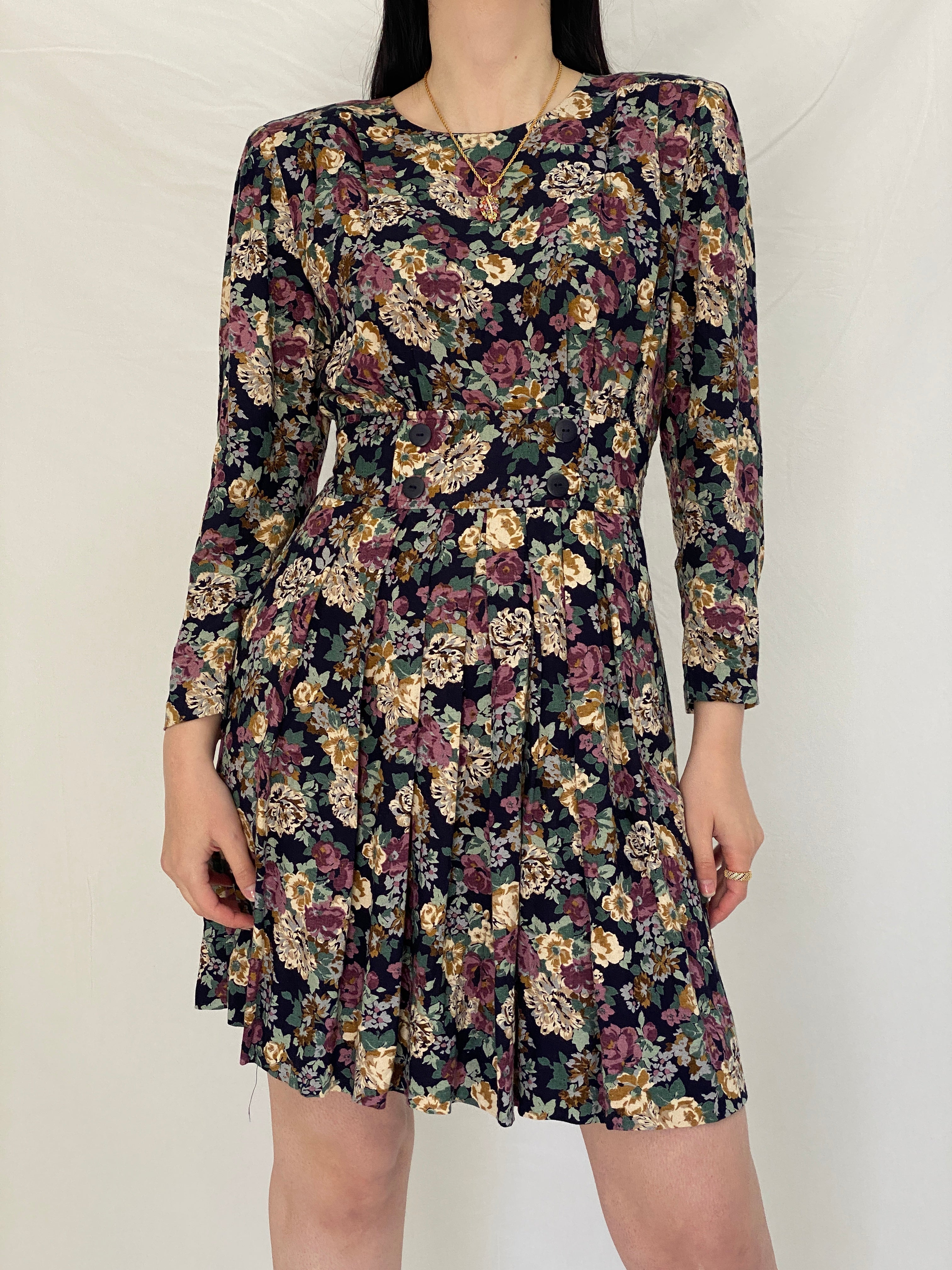 Vintage Petite Sophisticate Floral Dress Long Sleeve Fit & Flare Mini Dress, 90s Romantic Floral Dress - S