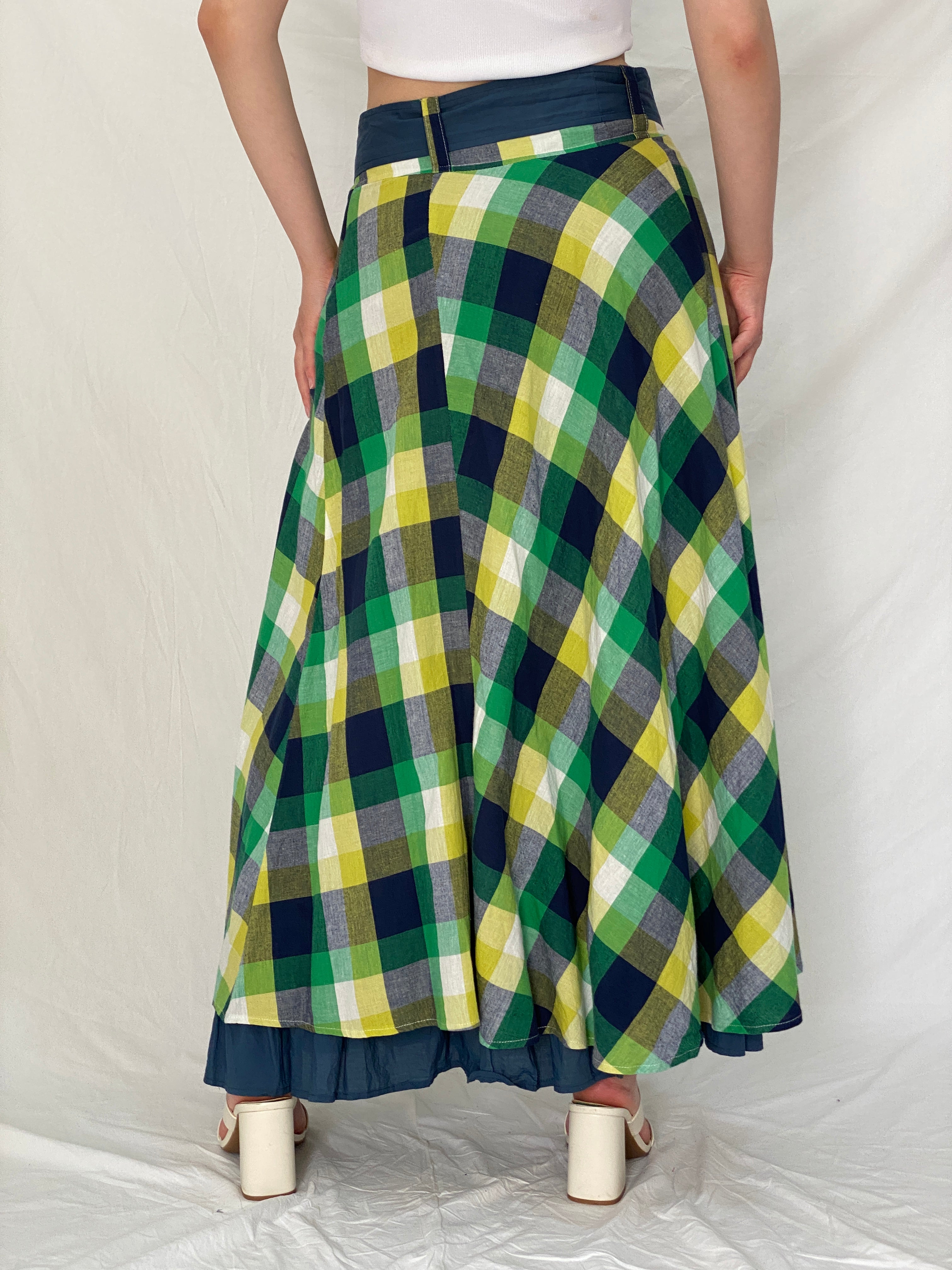 Vintage Passion Green Yellow Plaid Cotton Cottage Core Maxi Skirt - M