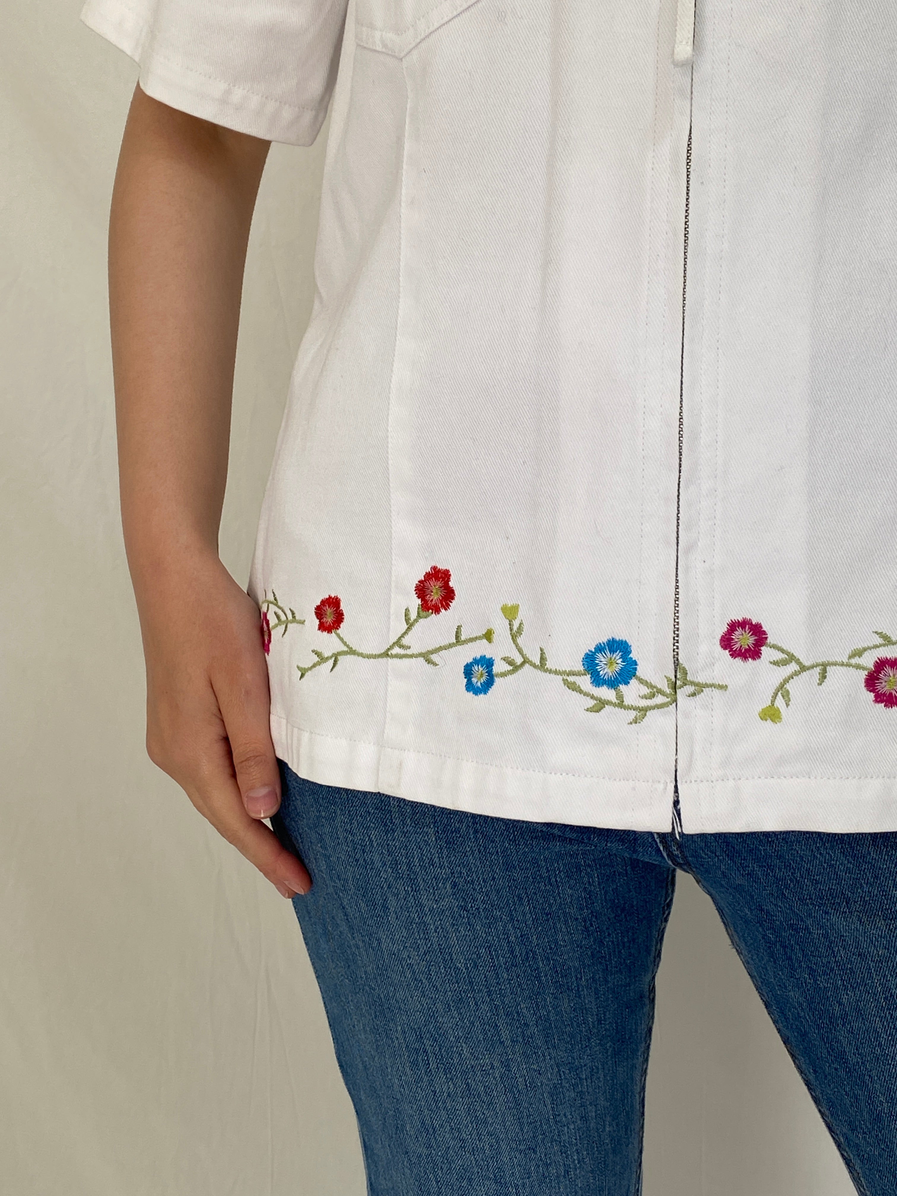 Vintage Denim & Co White Cotton Floral Embroidered Zip Shirt Jacket - L