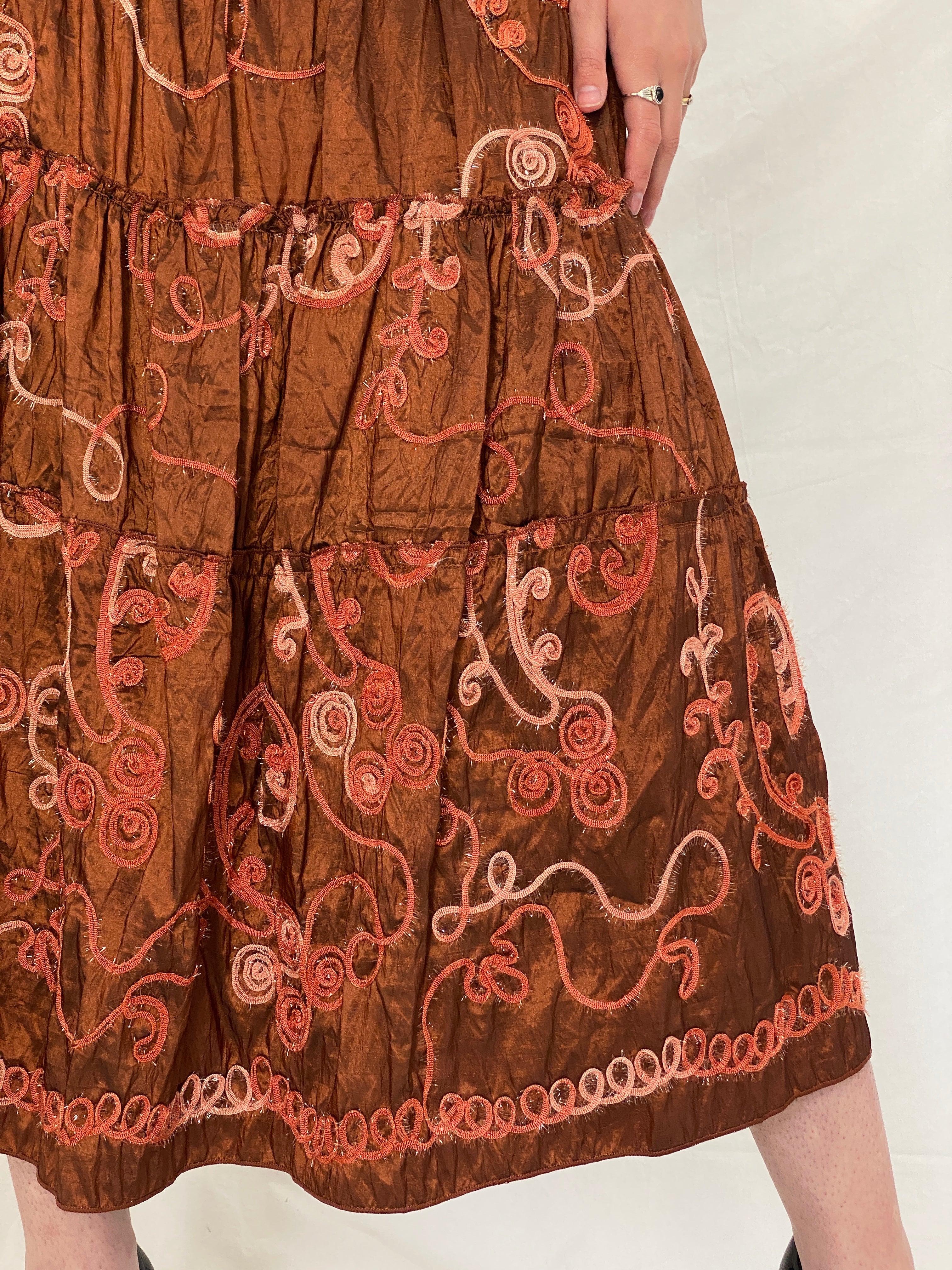 Vintage Over 16 Embroidered Metallic Brown Wrap Halter Top & Tiered Midi Skirt Co-ord Set - M