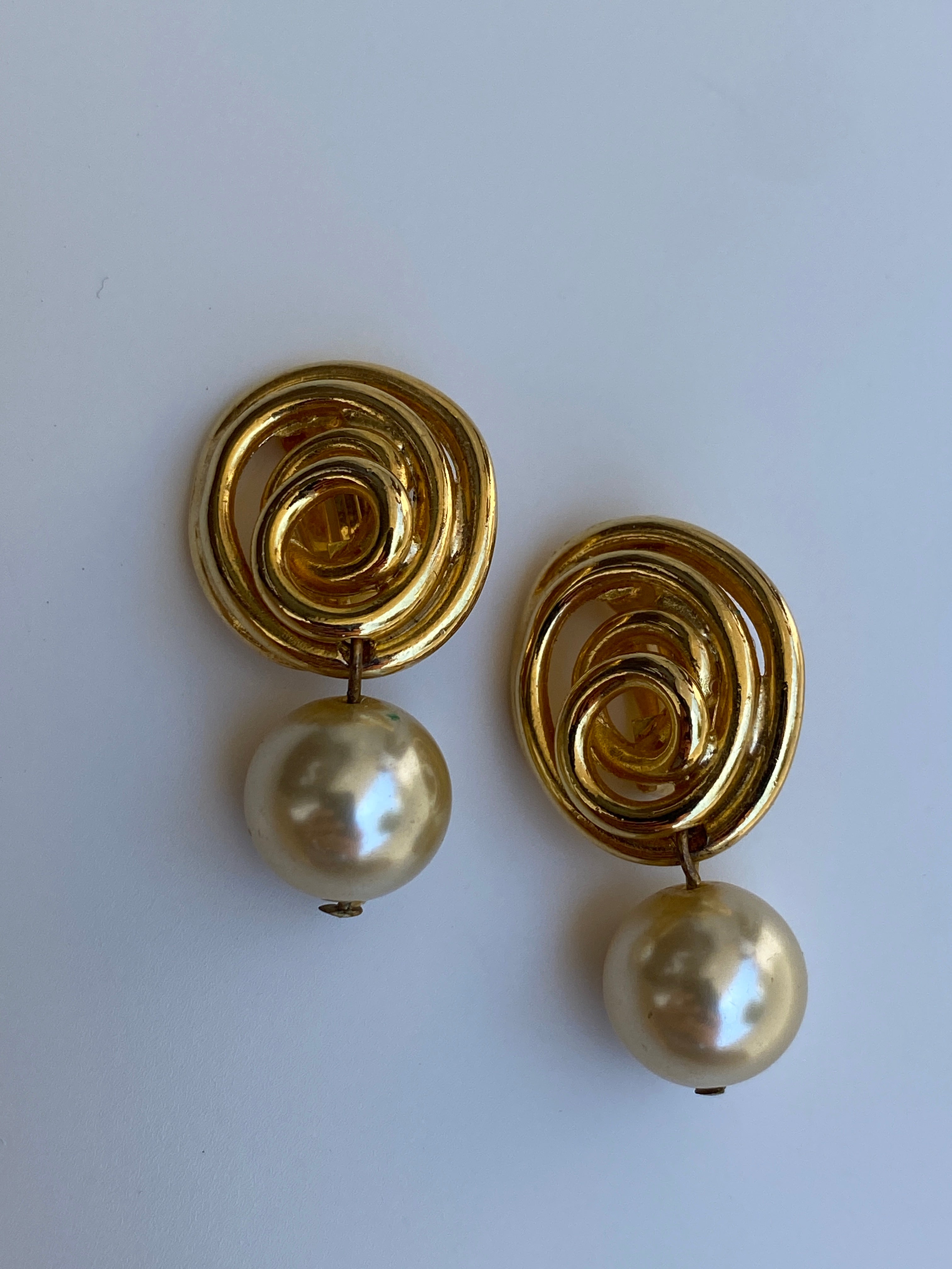 Vintage N.J. Norma Jean Gold-Tone Faux Pearl Clip-On Drop Earrings