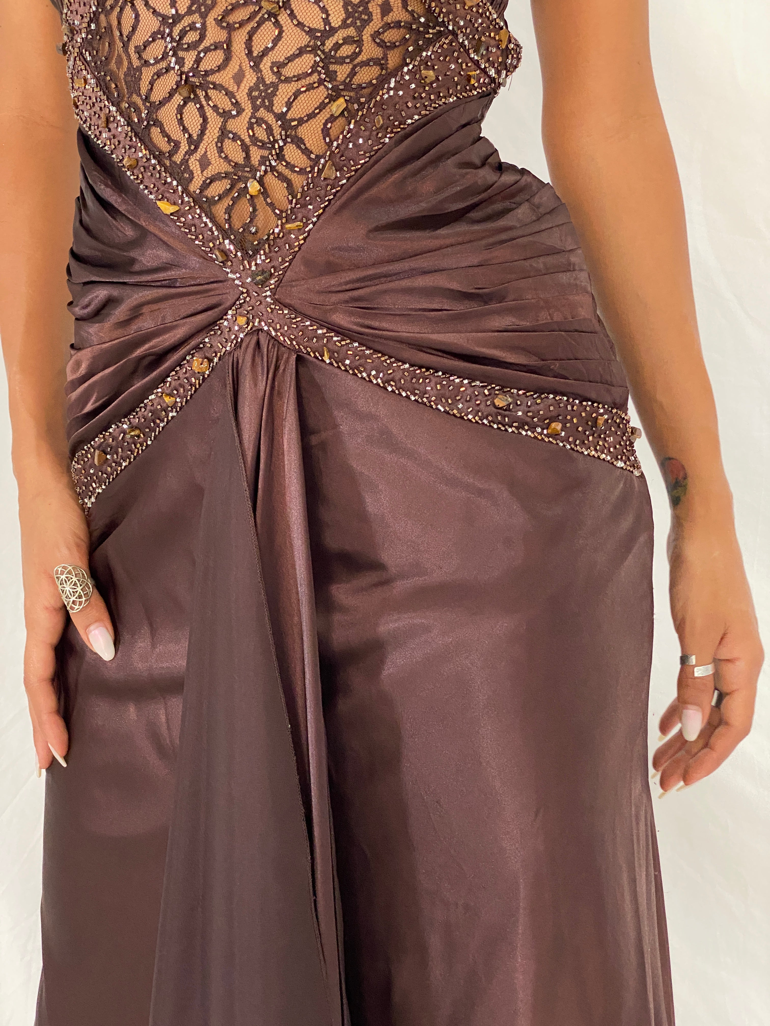 Vintage Y2K Alyce Designs Brown Satin Beaded Lace Cutout Formal Maxi Dress - XS