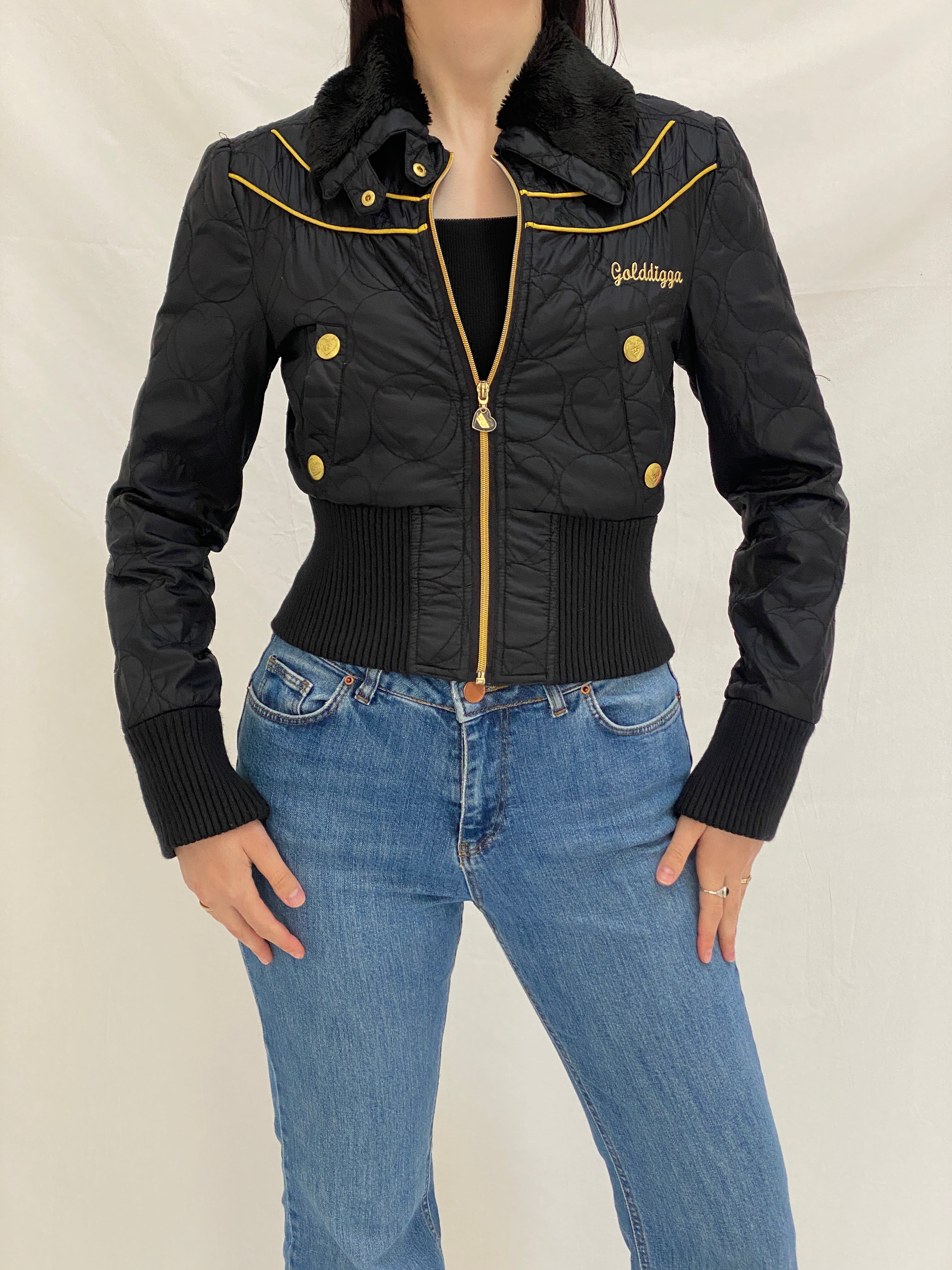Y2K Core Golddigga Black Cropped Puffer Jacket Faux Fur Collar Gold Details - S