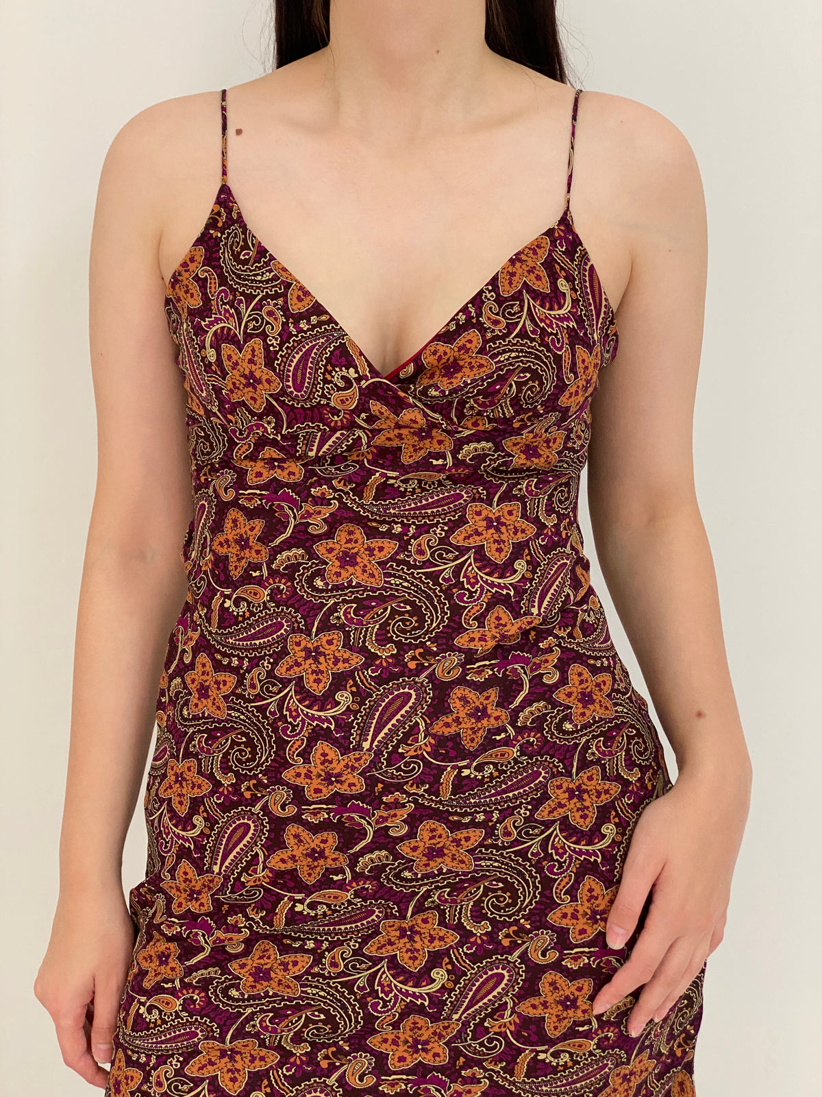 Vintage 90s Janette USA Burgundy Floral Paisley Slip Mini Dress – S