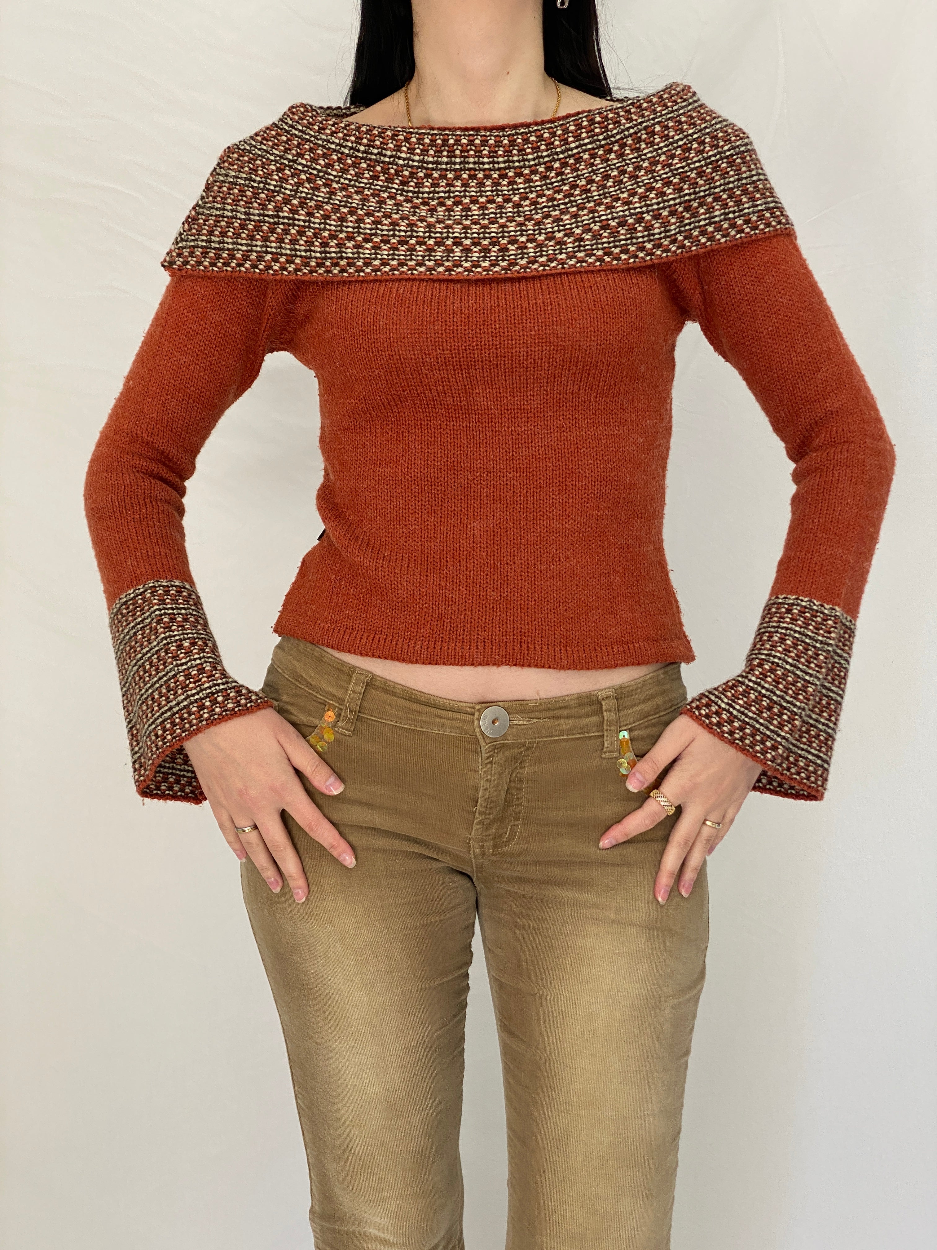 Y2K BANKO Orange Knit Sweater Top with Textured Collar & Flared Cuffs - M