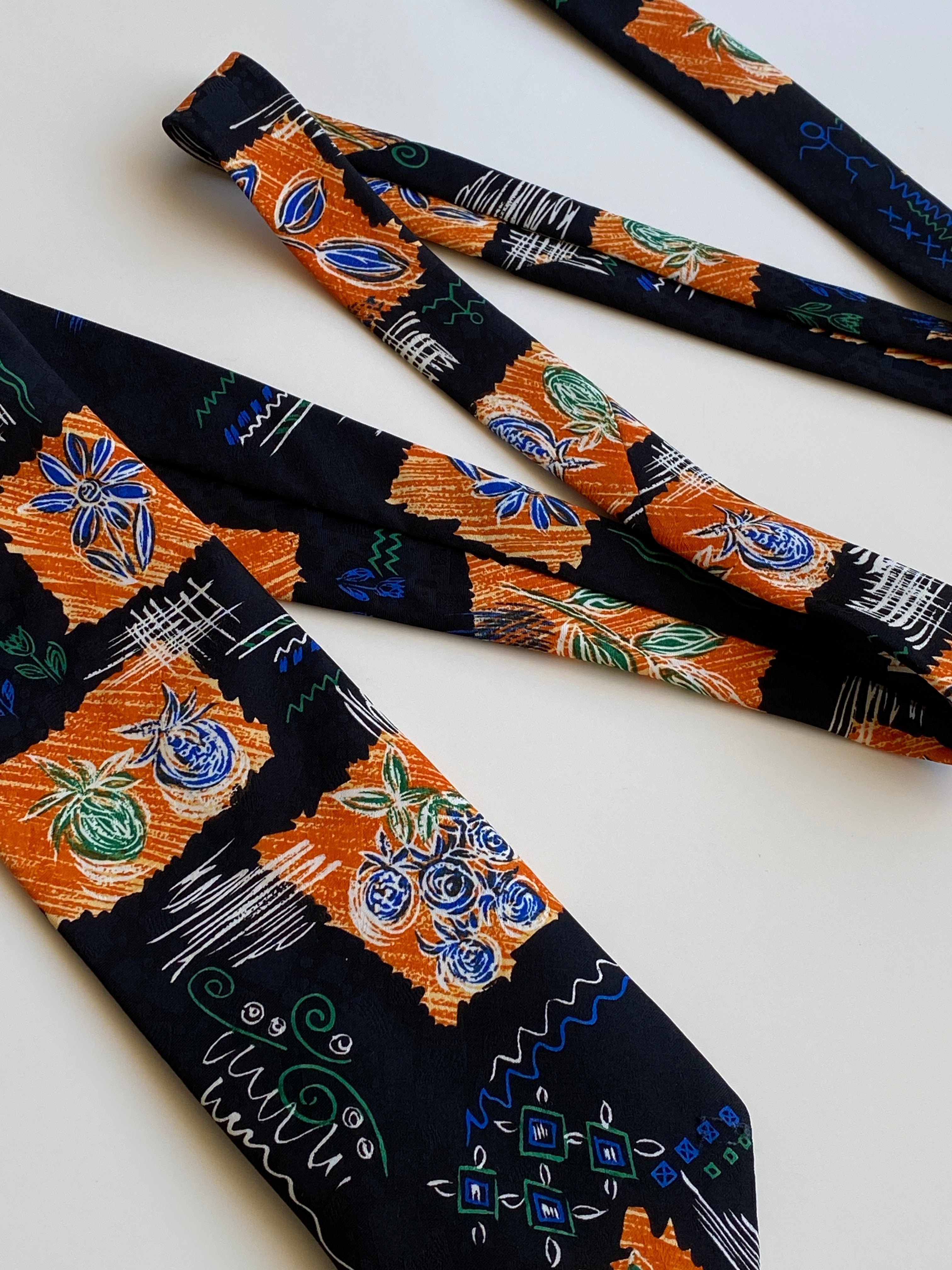 Vintage 90s T Fashion Black Orange Floral Abstract Wide Necktie
