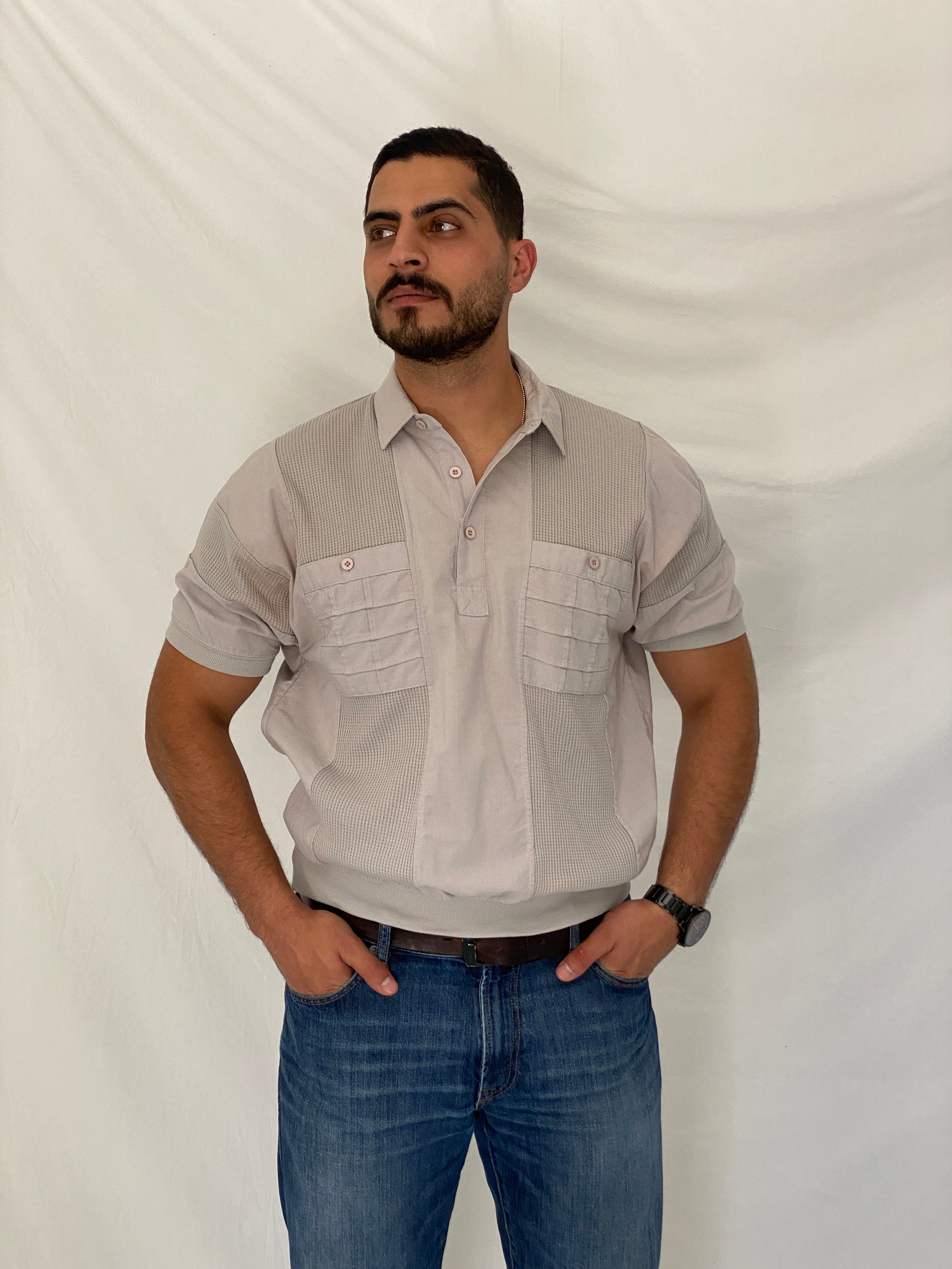 Vintage 90s Alexxus Exclusive Gray Top Textured Panel Polo Shirt – L