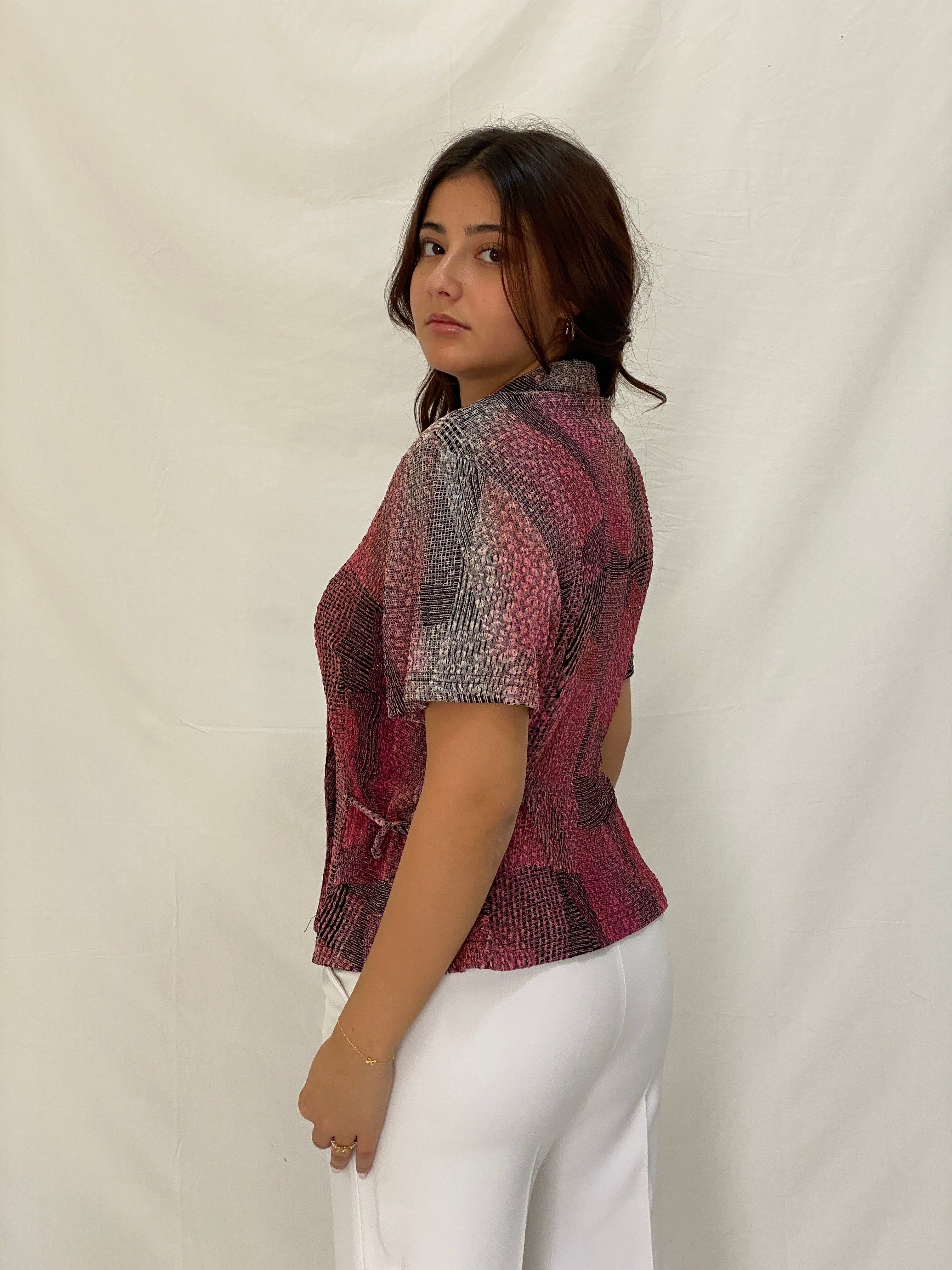 Vintage Positive Attitude Abstract Pink Button-Down Blouse Short Sleeve 90s Shirt - XL