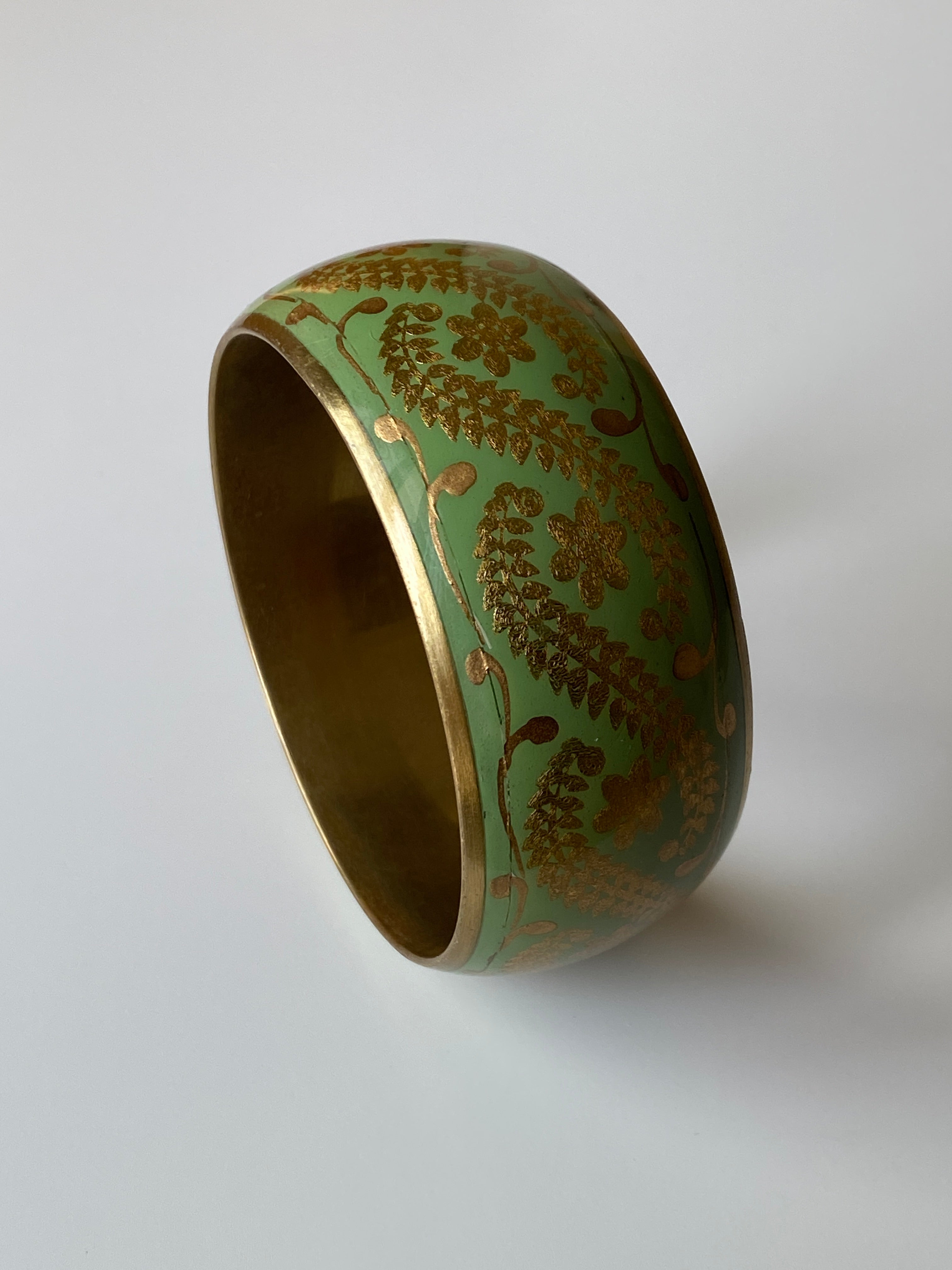 Vintage Green Enamel & Gold Floral Cuff Bracelet Wide Statement Bangle