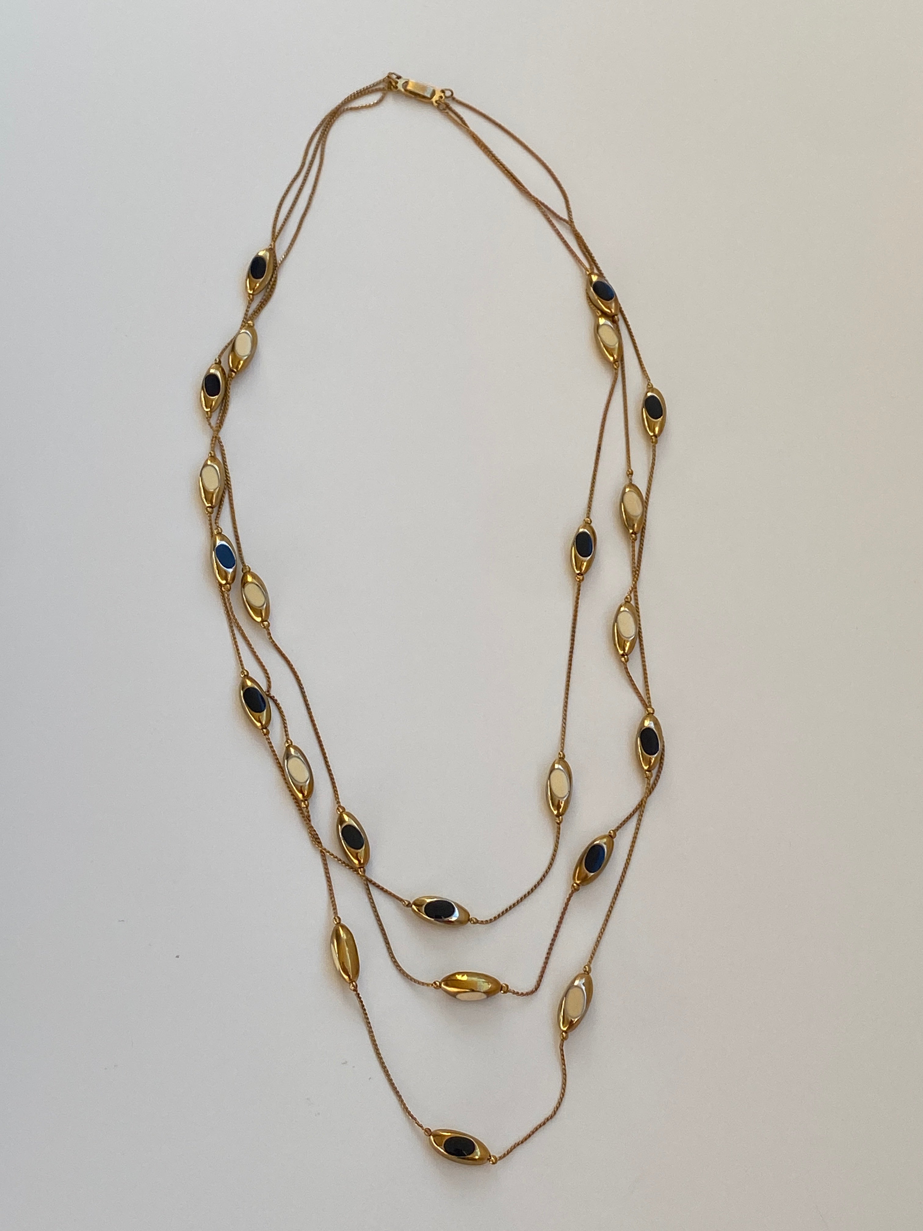 Vintage Y2K Gold-Tone Navy & Ivory Enamel Triple-Strand Long Necklace