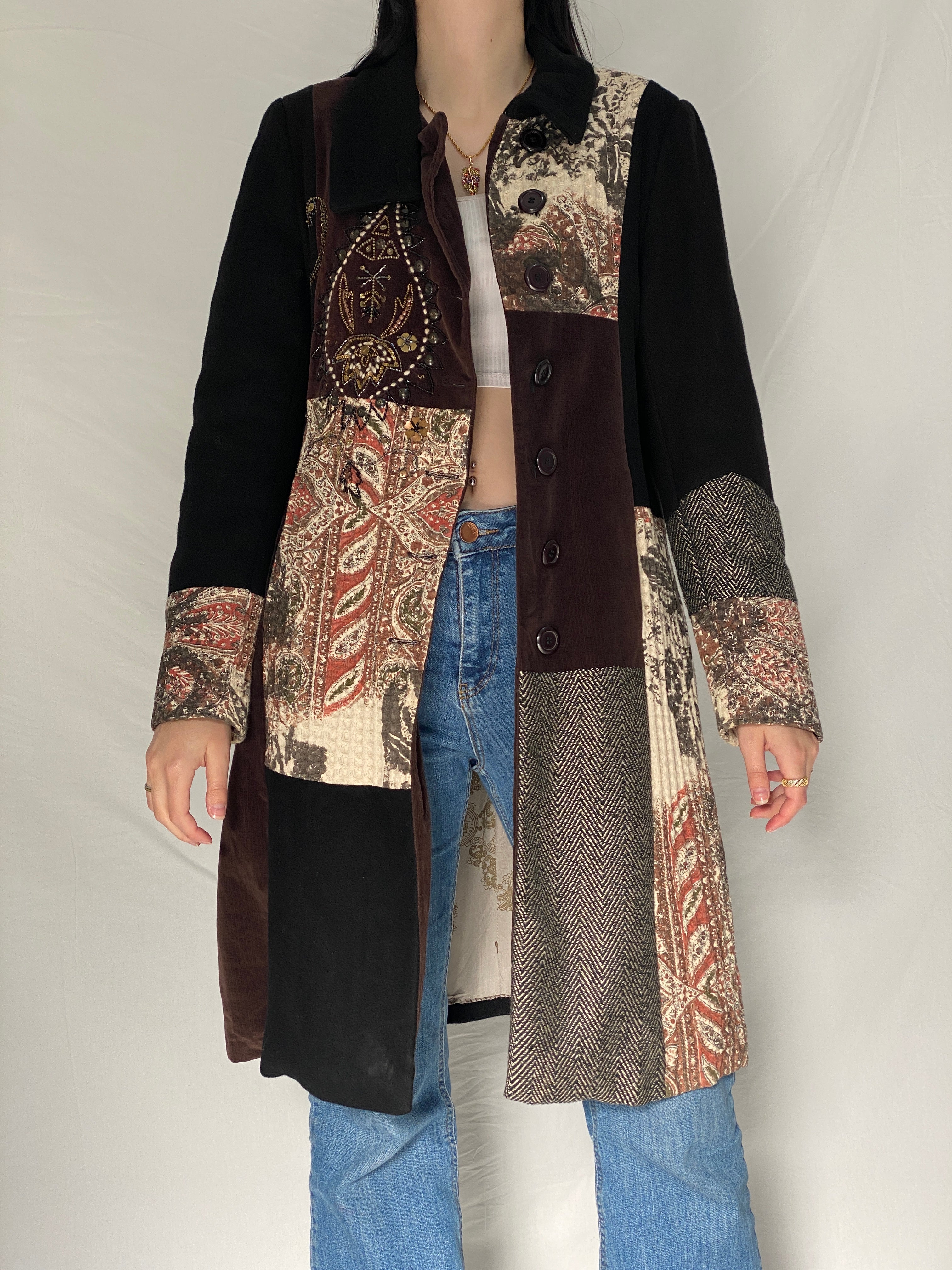 Vintage Derhy Patchwork Coat Bohemian Embroidered Artistic Long Coat 90s 00s Statement Jacket - M