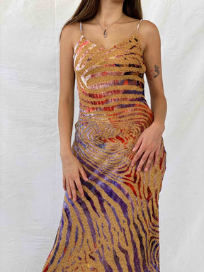Vintage 90s IF Elegant Style Beaded Velvet Zebra Pattern Gown - Balagan Vintage