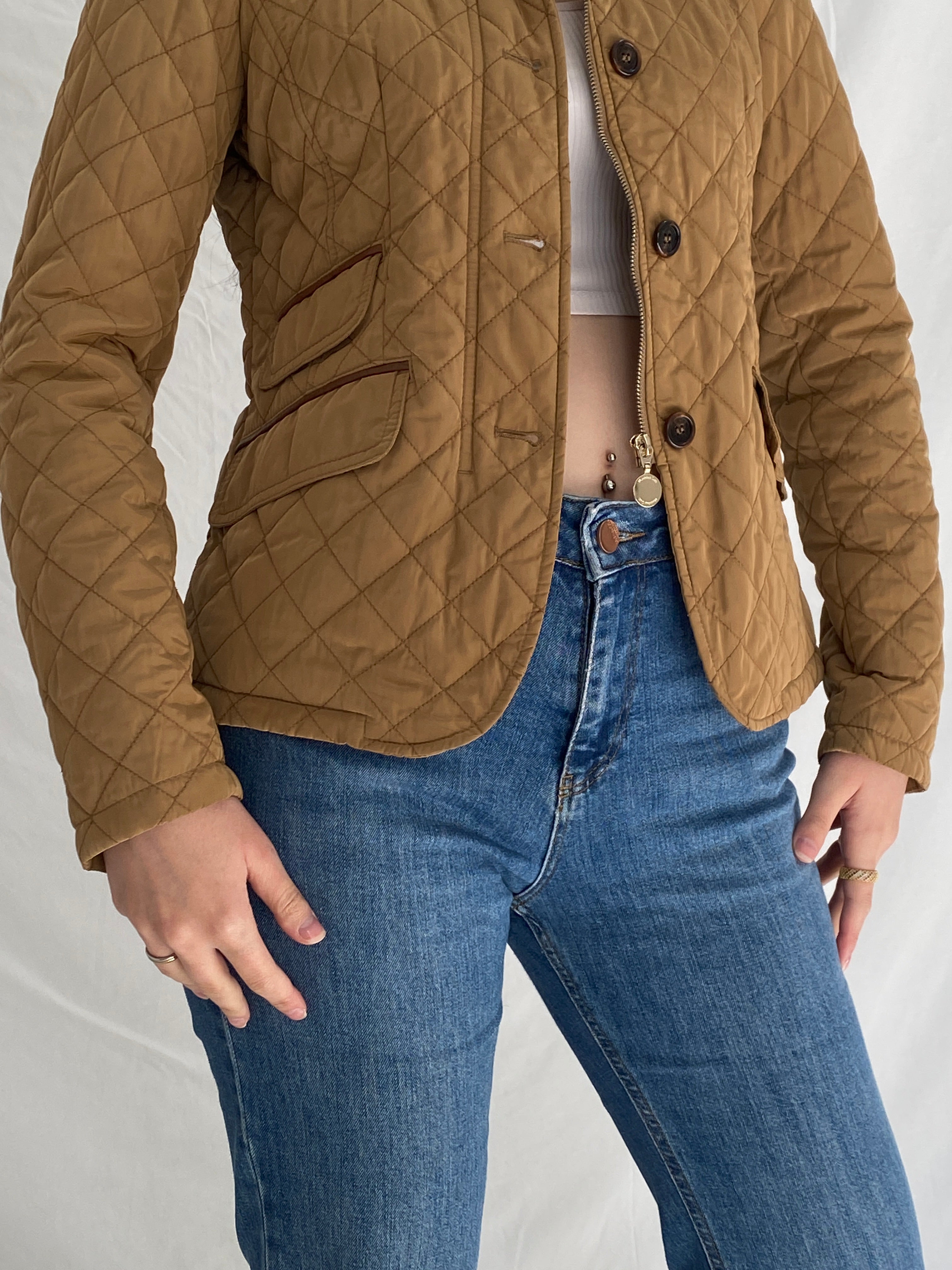 Massimo Dutti Camel Quilted Riding Jacket Fitted Equestrian Diamond Stitch Jacket - S