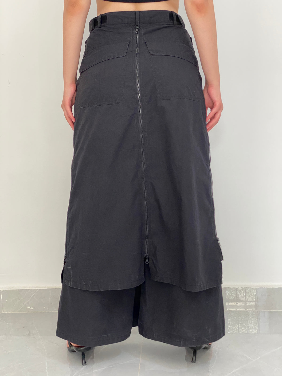 Vintage Y2K Mercy Black Wide-Leg Cargo Pants Zip-Up Skirt Overlay – M