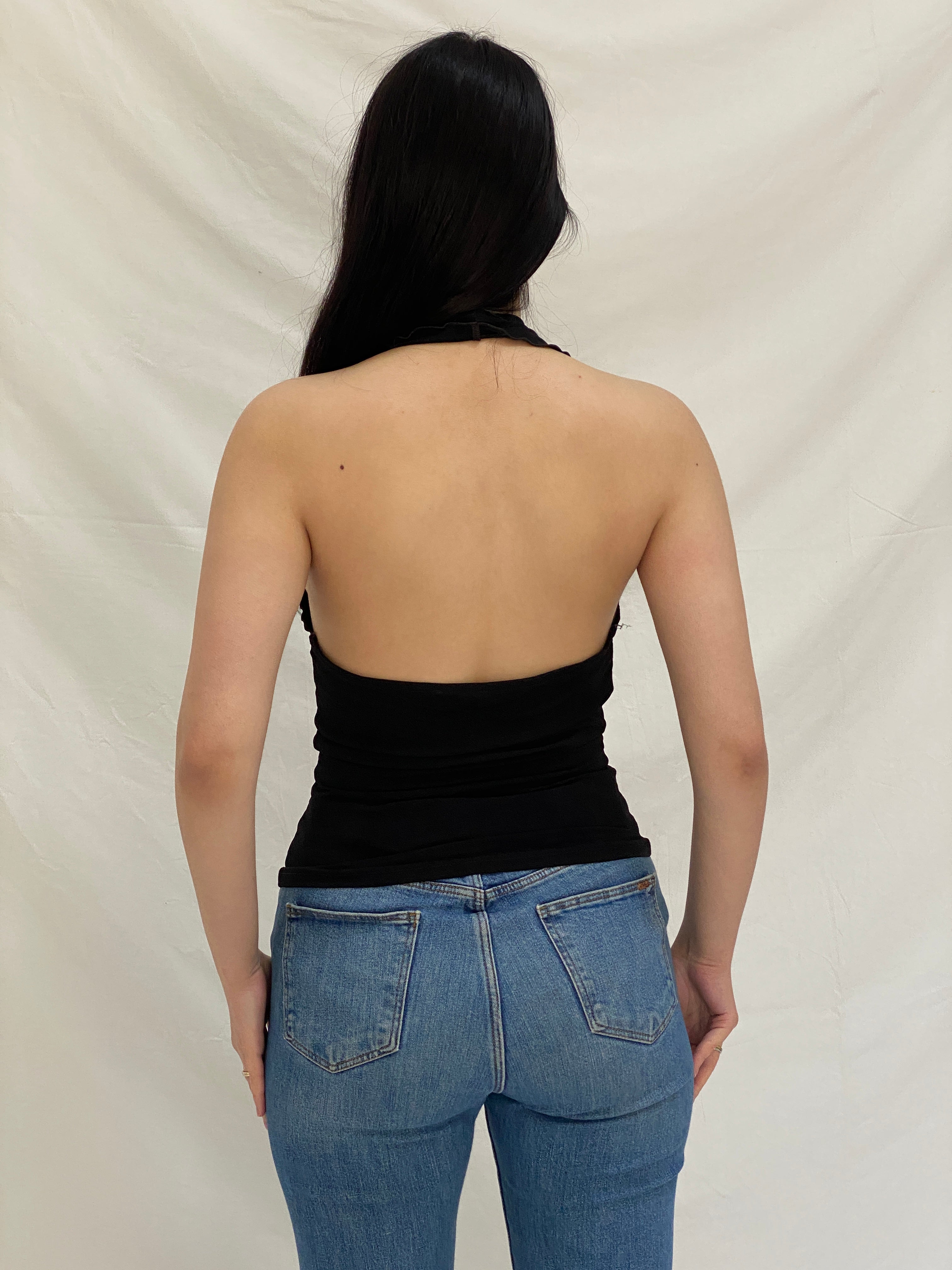 Vintage Y2K Xanaka Black Halter Top Ring Detail Draped Neckline - M