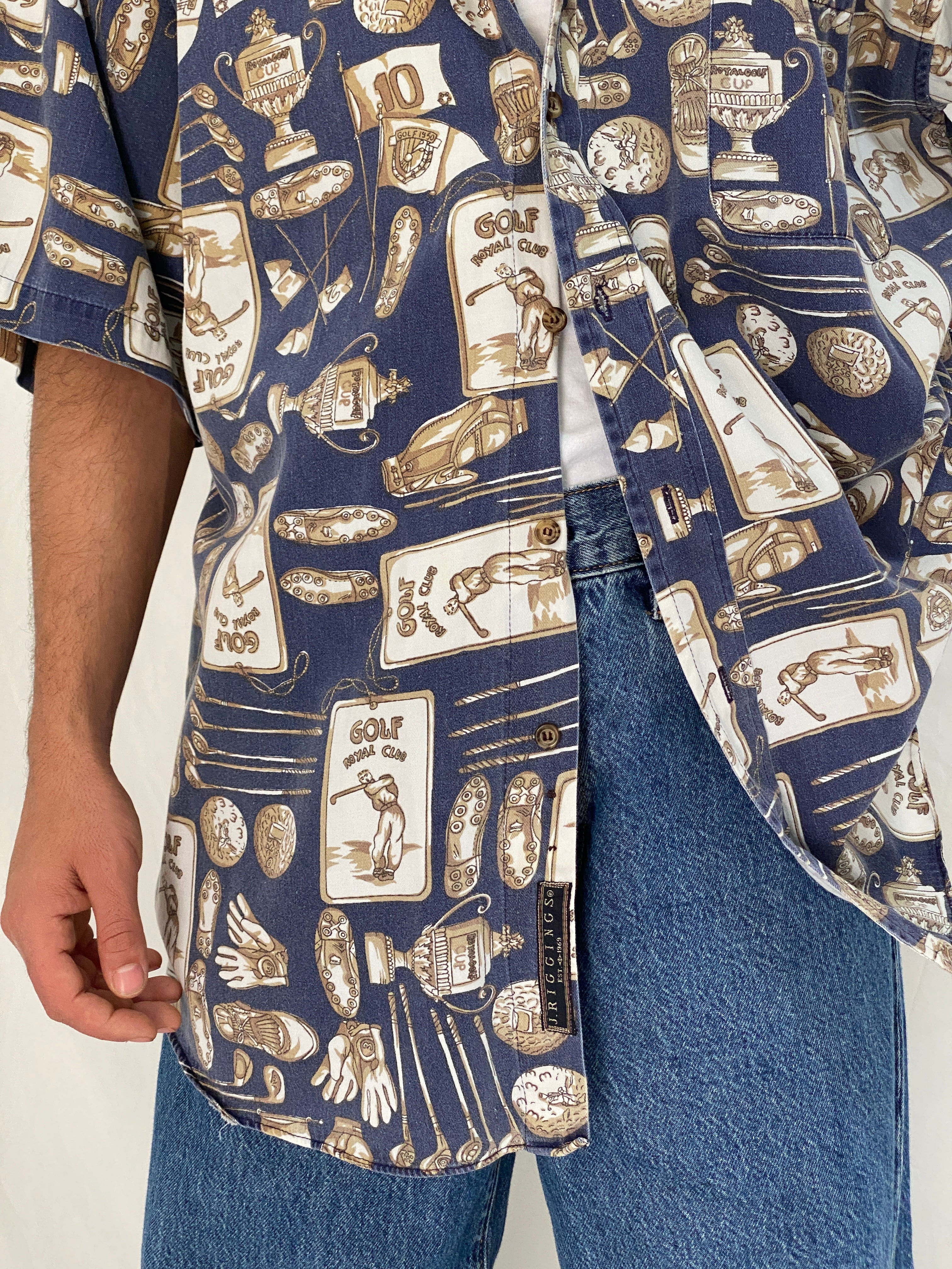 Vintage J.Riggings Golf Print Cotton Shirt Blue Beige Novelty Button Up – XL