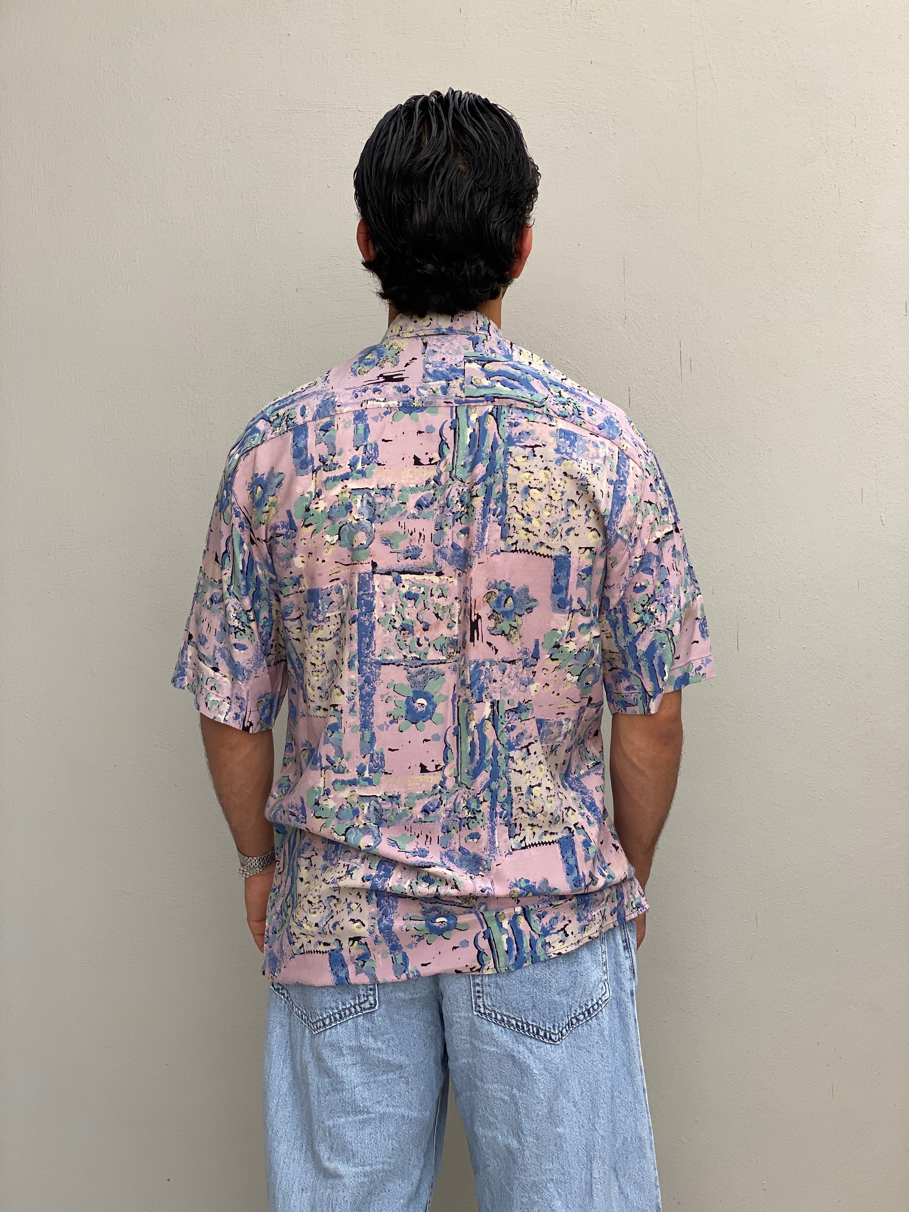 Vintage 90s Microfil Abstract Pastel Print Button-Up Shirt - M