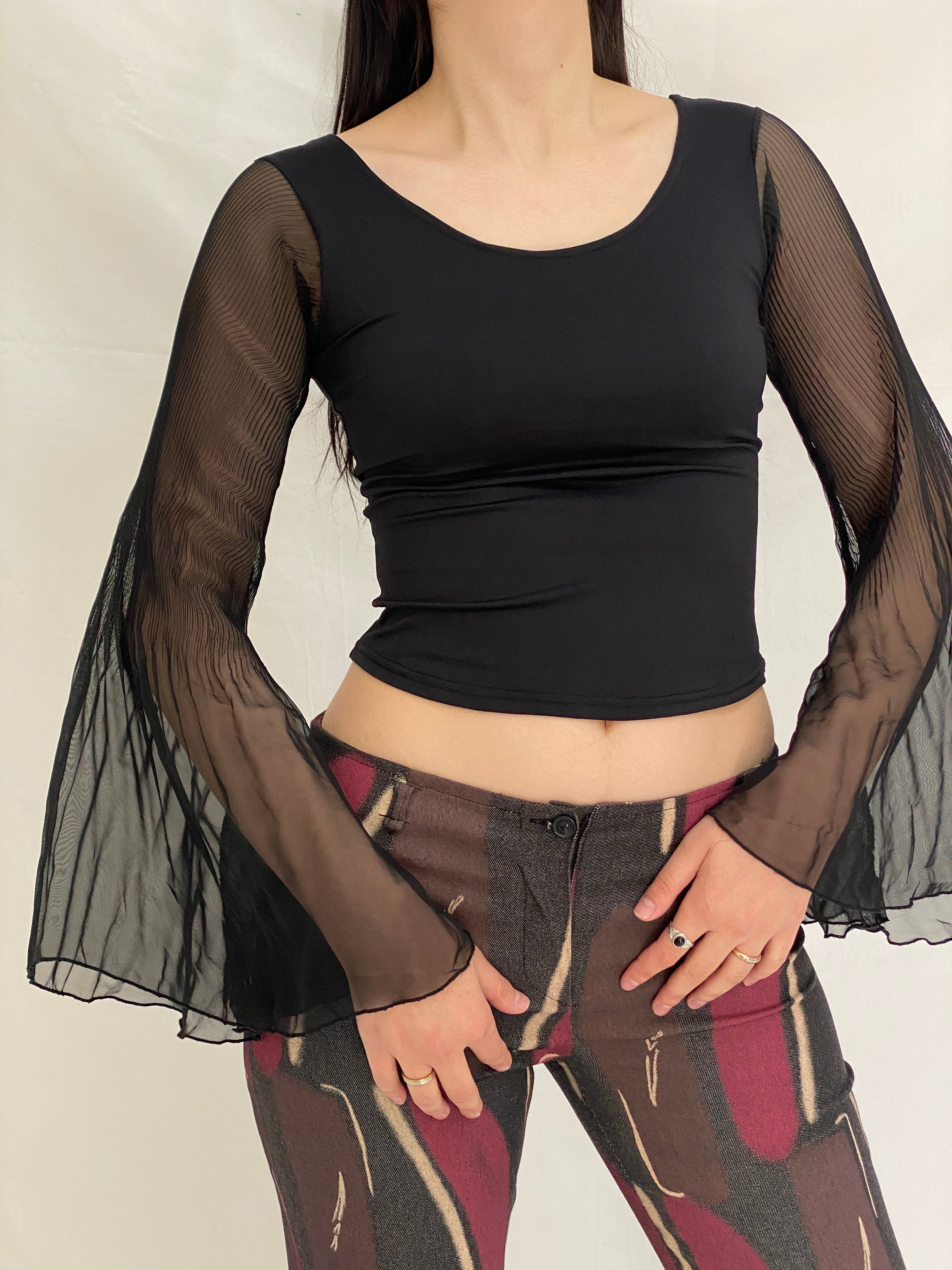 Vintage Y2K Xanaka Black Sheer Bell Long Sleeve Whimsy Goth Top – S
