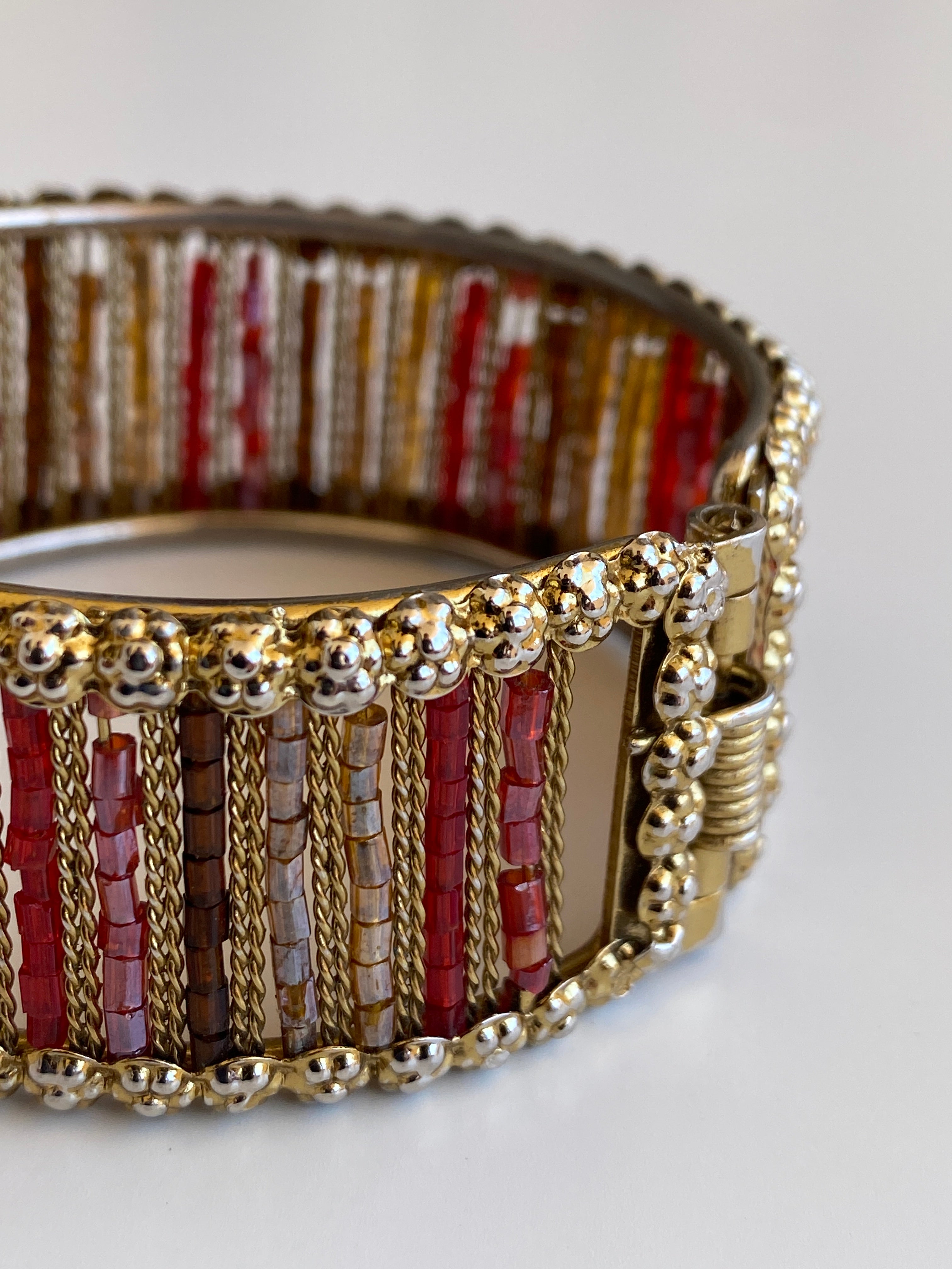 Vintage Gold-Tone Red & Amber Beaded Hinged Cuff Bracelet