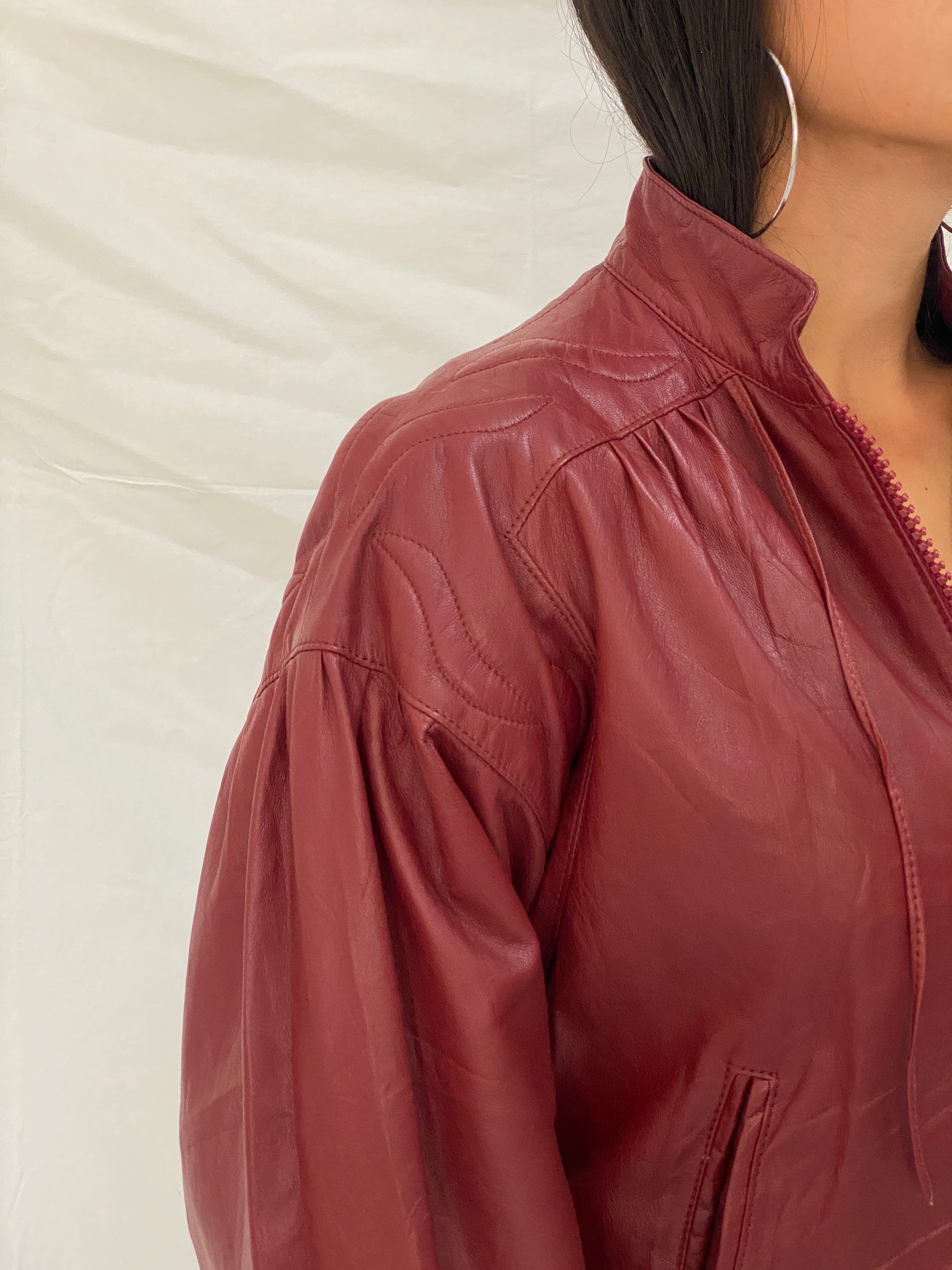 Rare Vintage Humberto J'Re Maroon Leather Bomber Dolman Sleeve Jacket - L