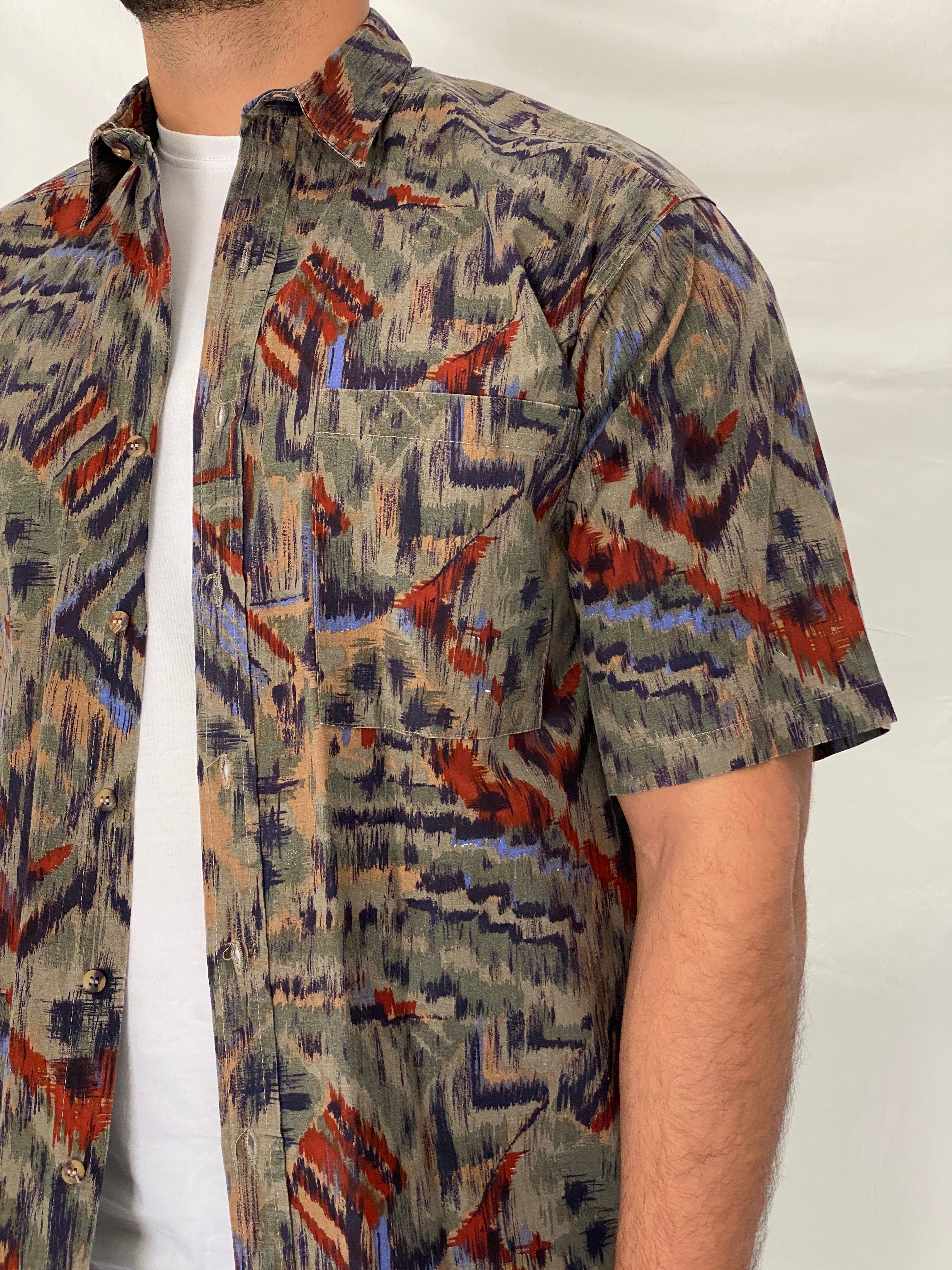 Vintage Bachrach Abstract Short Sleeve Olive Cotton Blend Shirt – L