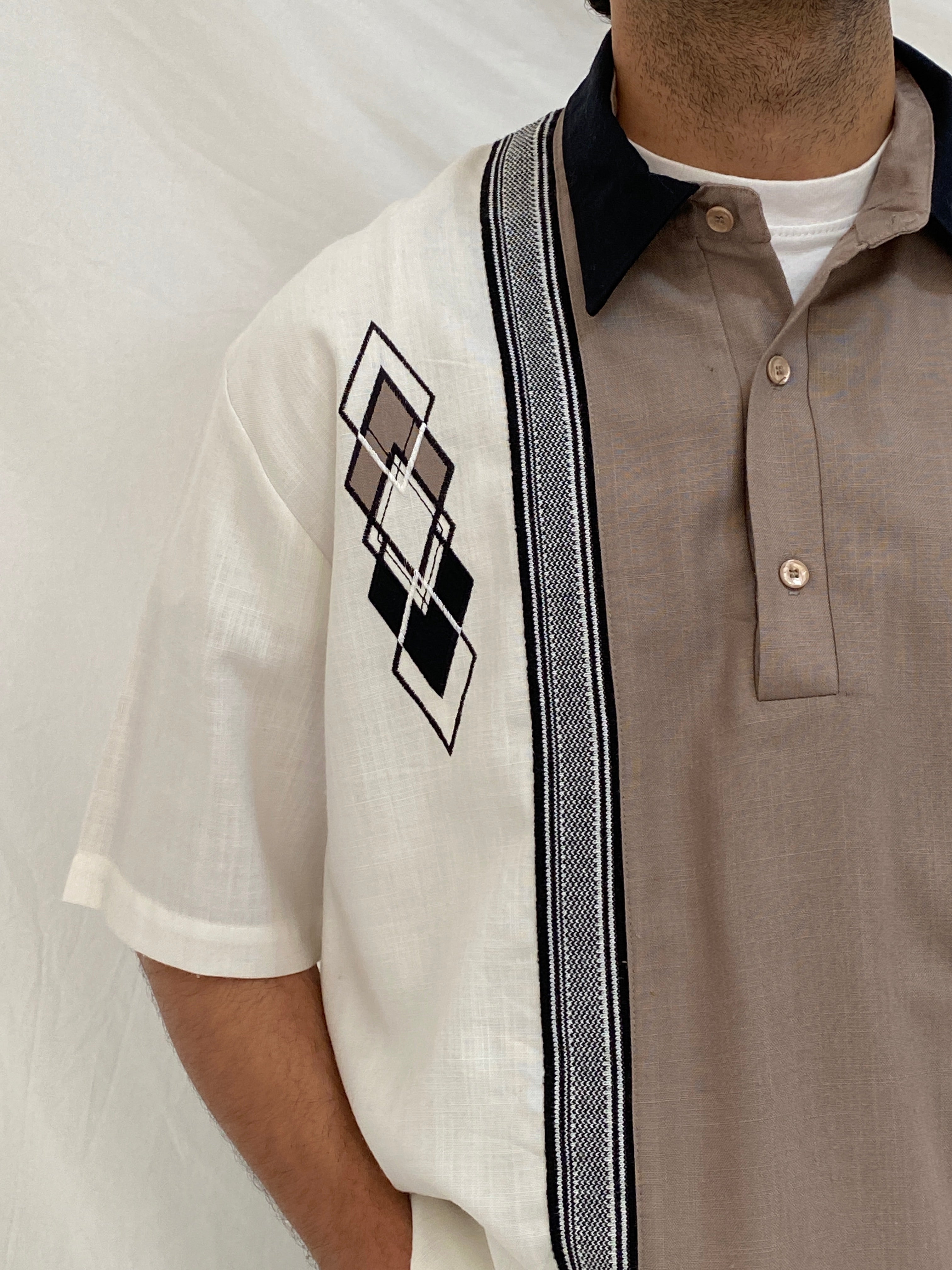 Vintage 90s Alan Stuart Color Block Bowling Shirt Cream Retro