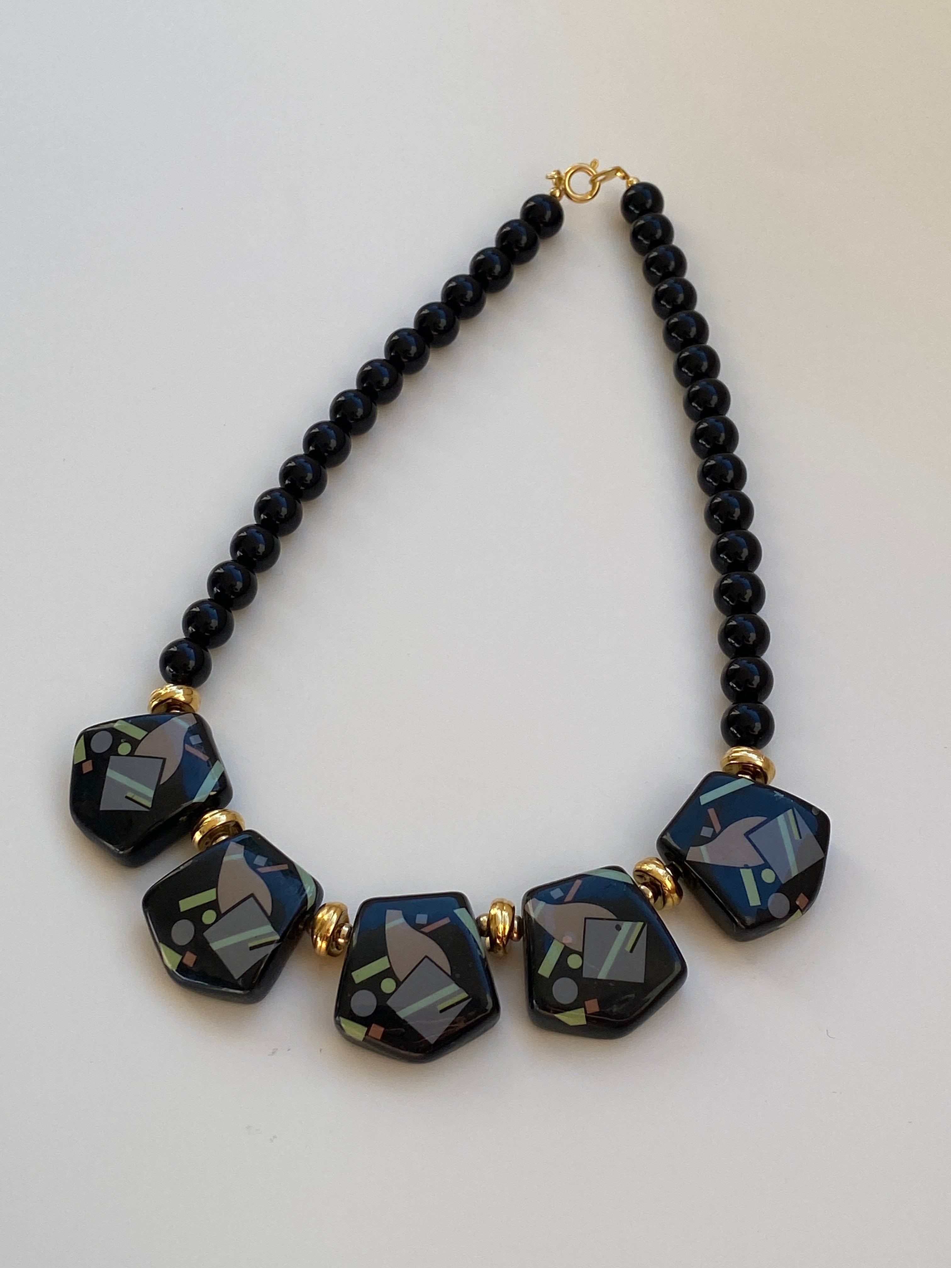 Vintage 1980s Art Deco Revival Black Geometric Beaded Statement Necklace