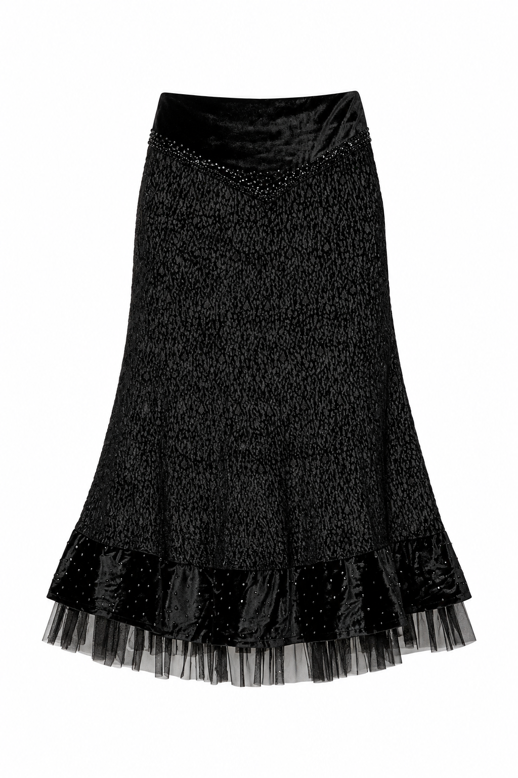 Vintage Whimsigoth Black Velvet Embellished Tulle Grunge Midi Skirt – M