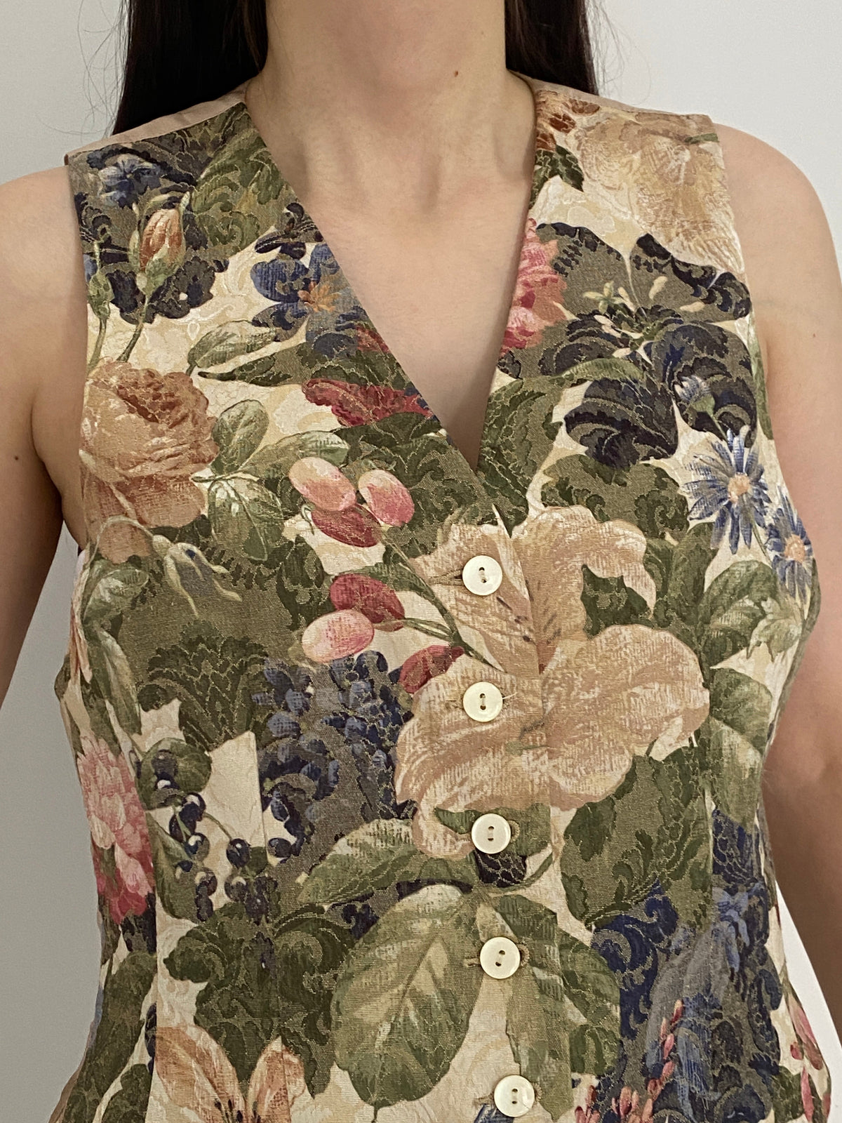 Vintage 90s Liz Claiborne Collection Beige Floral Tailored Vest – M