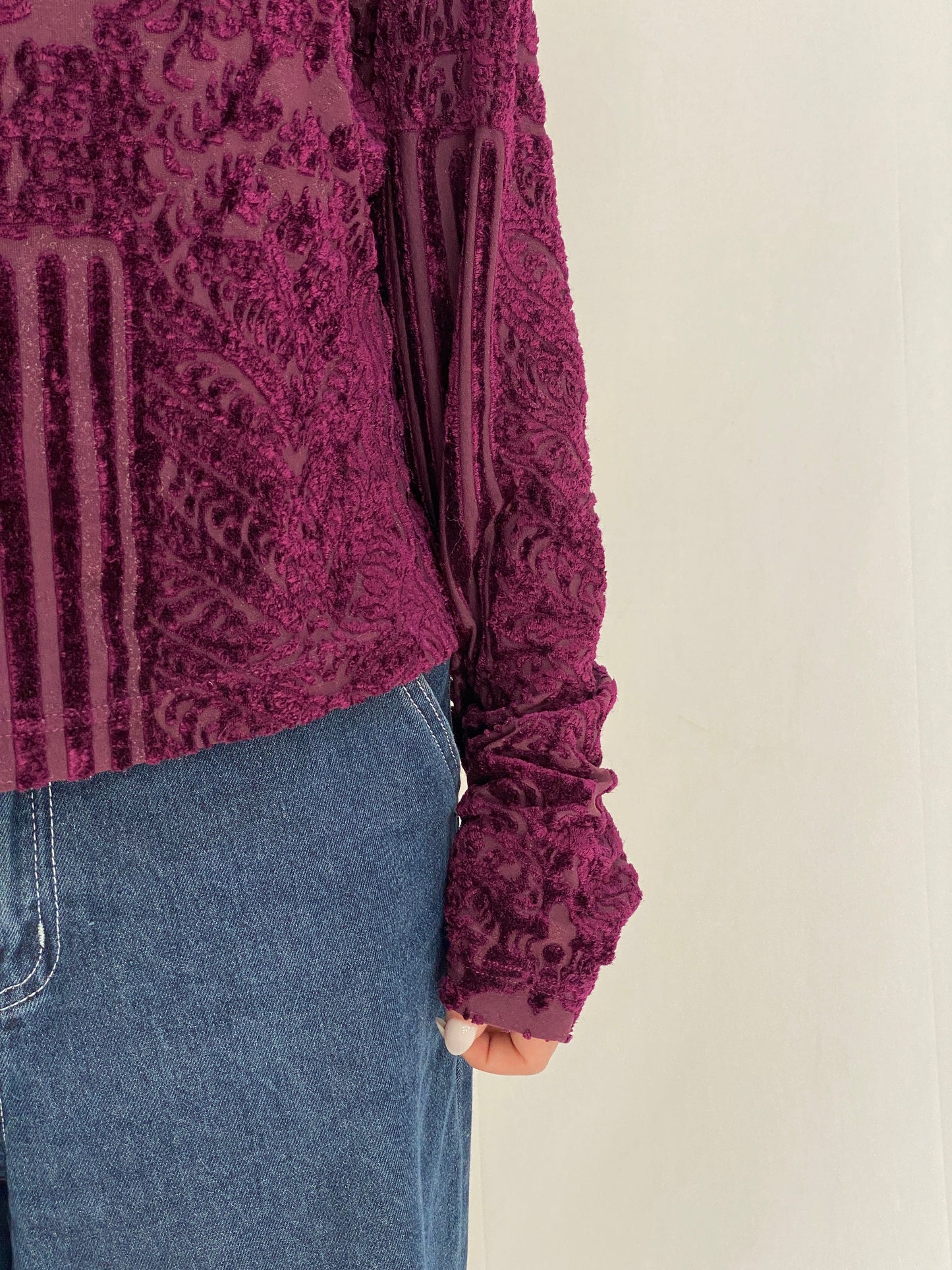 Vintage Wallis Purple Burnout Velvet Sheer Long Sleeve Top - XL