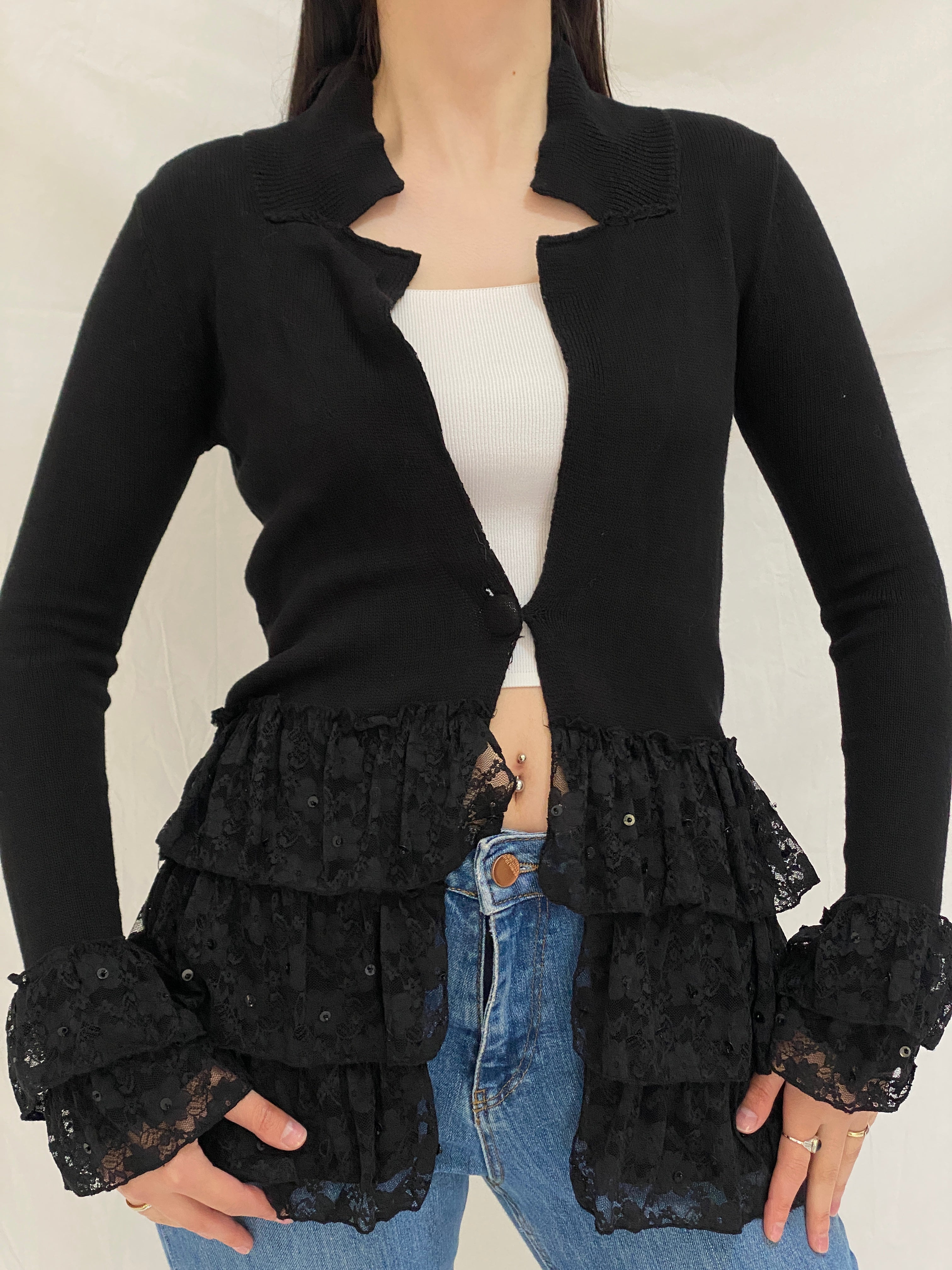 Vintage Storybook Knits Black Ruffle Lace Grunge Whimsigoth Knit Layer Cardigan - S