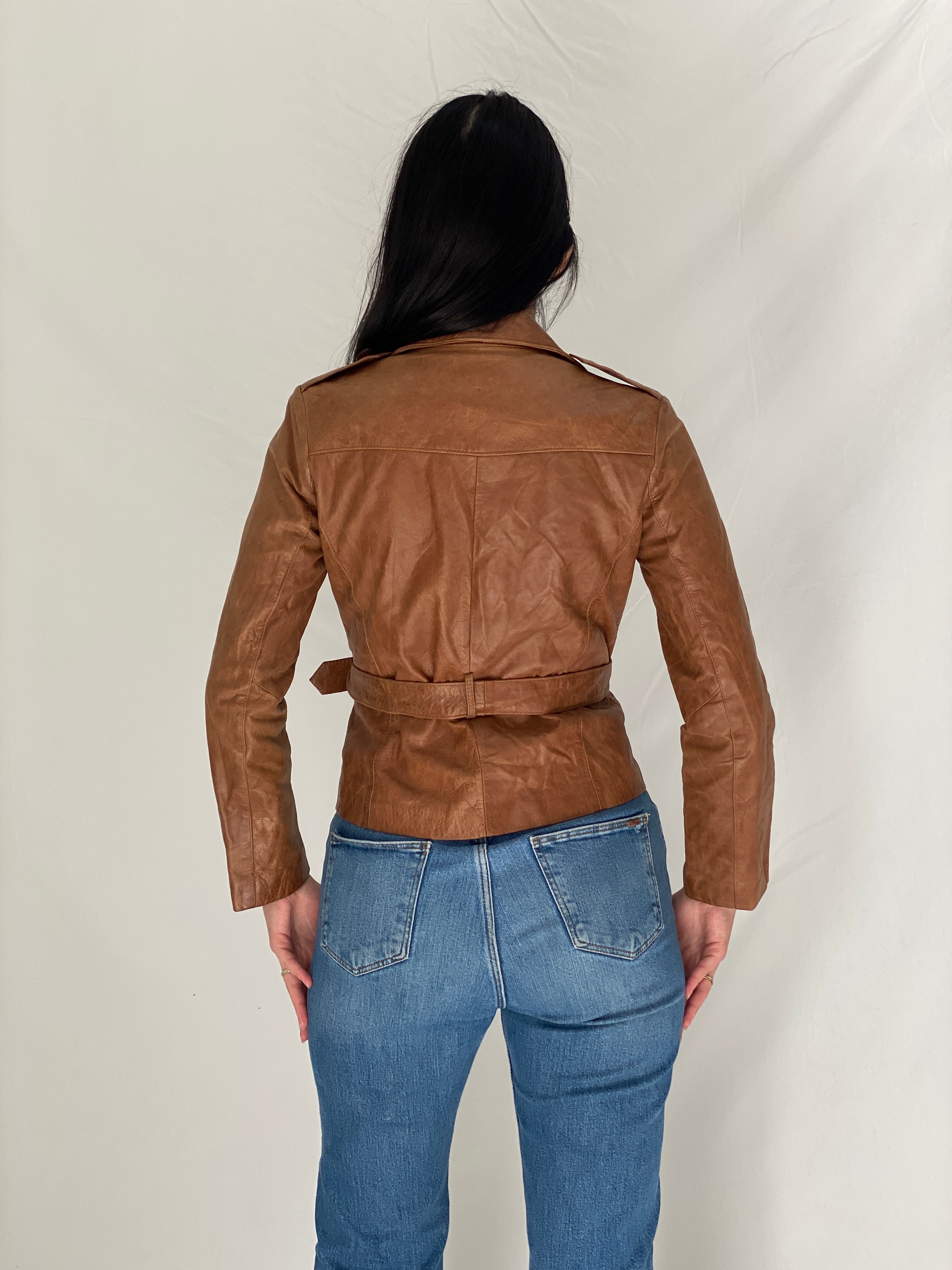 Vintage Y2K Influence Paris Brown Genuine Leather Fitted Belted Jacket - S