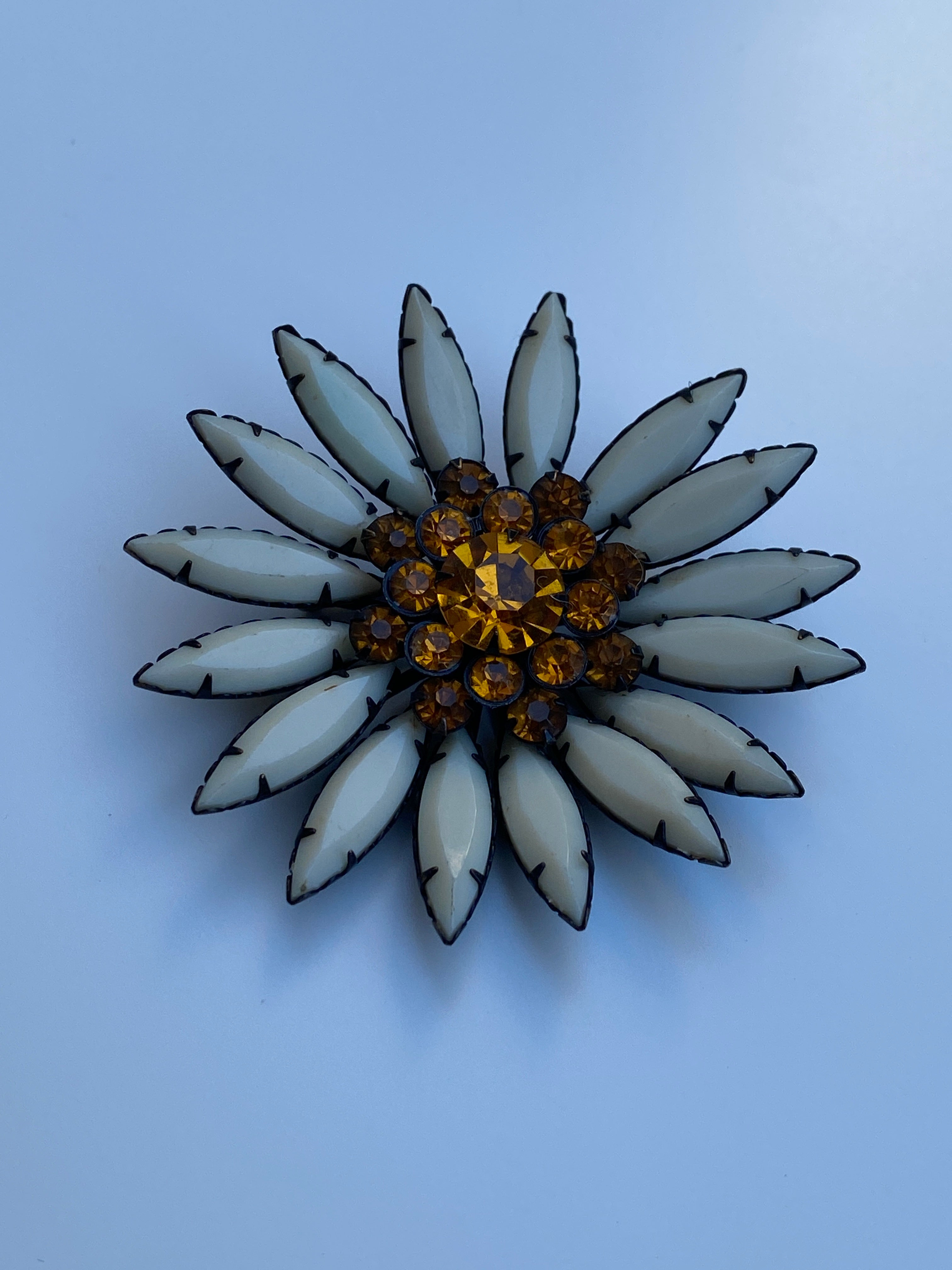 Vintage Mid-Century White Milk Glass & Amber Rhinestone Flower Brooch Floral Statement Pin